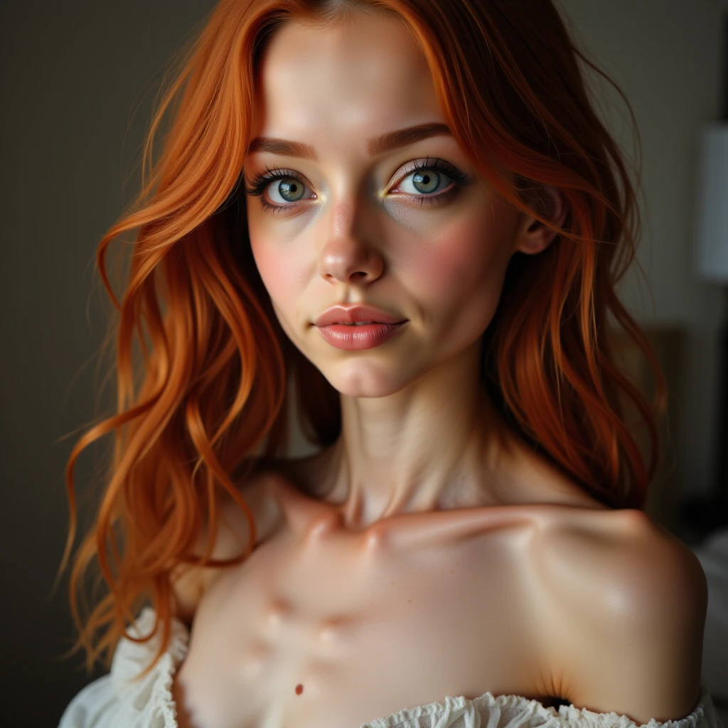 pov_interaction, S411_AlinaNesterenko, white_off-shoulder_shirt, (high_detail intricate lifelike), eyes, familyroom