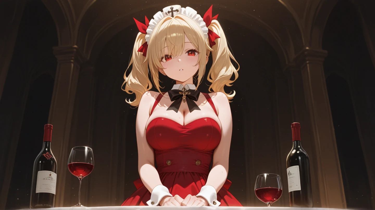 (masterpiece, best quality:1.2), 1girl, blonde hair, large breasts, choker, bunny ears, Red playboy suit, upper body, indoors, lights, Sit