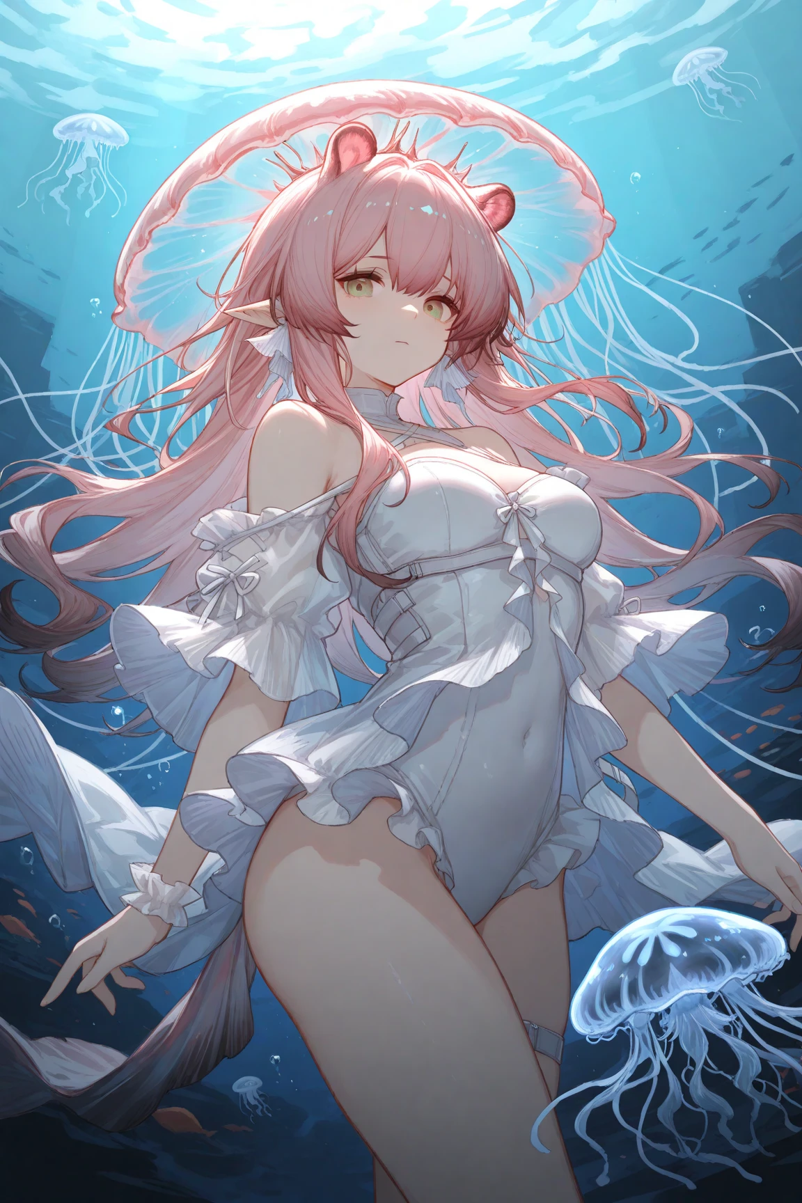 jellyfish girl, jellyfish, tentacles, transparency, seabed