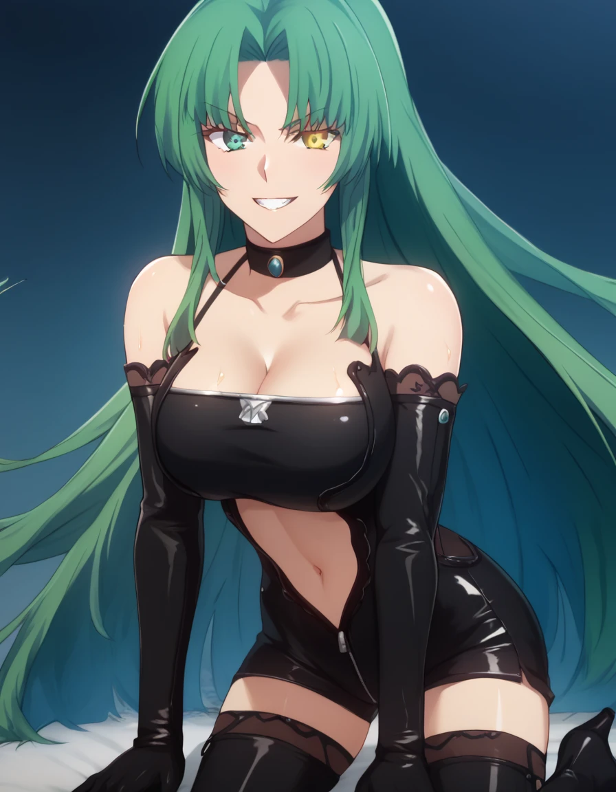 beautiful, (masterpiece), 最high quality, (extremely get used to it face), extremely get used to it eyes, perfect lighting, overall details, get used to it, deep skin, slicked back hair, long hair, green hair, type of eyes, slicked back hair, elbow bag, alone, looking at the viewer, one hand, verbal invitation, lifting shirt, saliva, saliva trail, latex suit, spy lady, wearing tight latex suits, high quality, Super high quality, Highly detailed CG Unity 8K wallpaper, High resolution, close your face, bondage suit, shiny bondage, cool girl, dog girl, cat girl