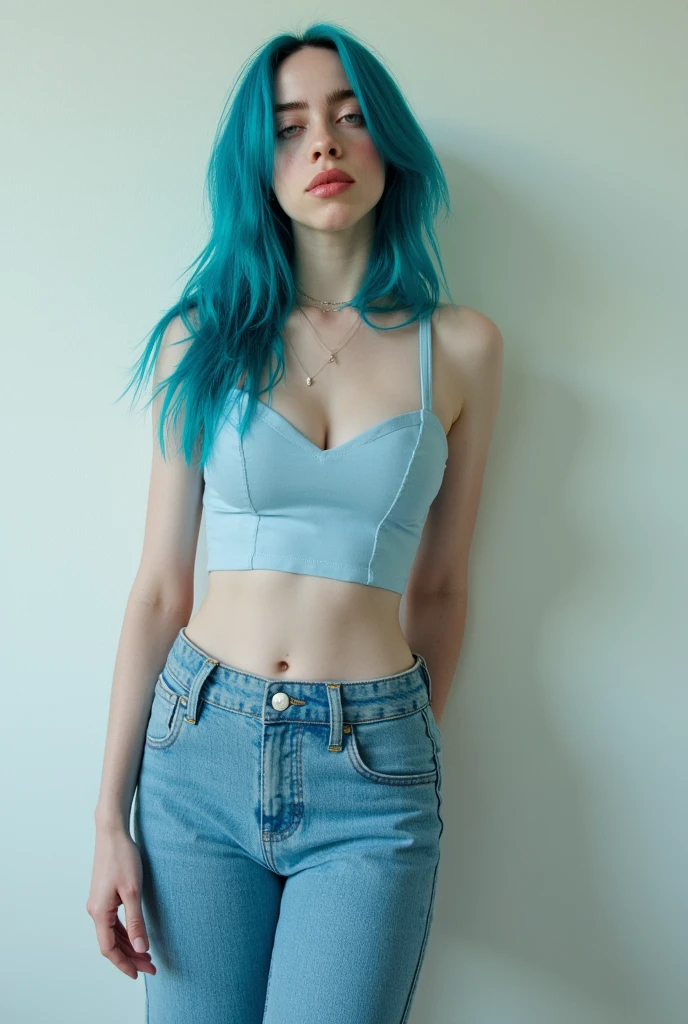 Beautiful skinny girl, elongated face and thin chin, freckles, blue hair, blue eyes, red lipstick, beautiful makeup, white skin, tattoo written on the forearm, beautiful top, denim jeans, white cotton shoes, in street , messy Hairbun