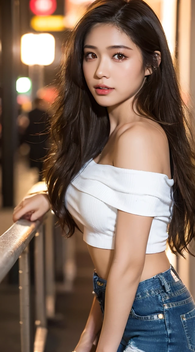 young girl (16 years old), (Perfect face.), Height 170 cm.(blue eyes), (smile :1.2), (Sana Minatozaki), (Beautiful makeup :1.2), Wide hips, thin waist, big, big butt, tight legs. (Best quality 8k masterpiece: 1.3) clear focus: 1.2 The beauty of the perfect body: 1.4 strong abs Highly detailed faces and skin Detailed eyes, double eyes, layers, red lips. (long blonde brown hair :1.2) Black strapless micro jeans Open the belly wide standing on the beach at night city at night Light bulbs in the background deep in the field