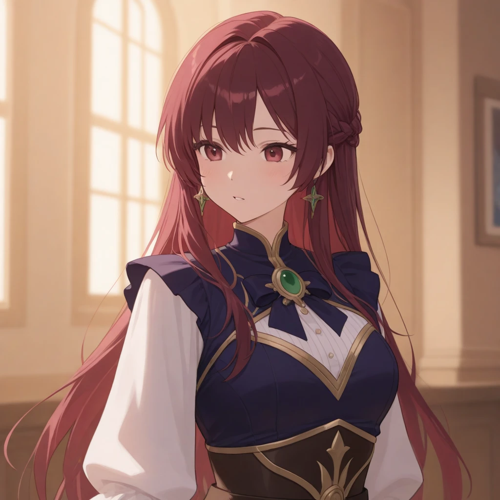 Adult woman, Long red hair with purple ends, deer antlers, violet eyes, Herbalist's robe, Masterpiece, hiquality