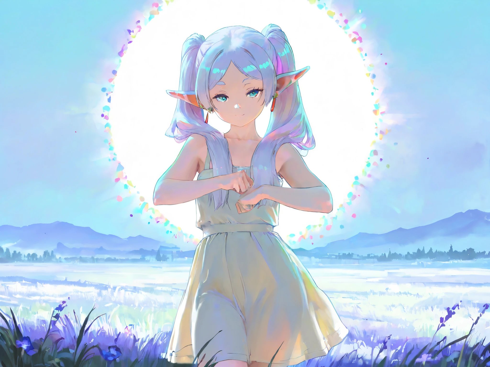 HDR, 8K, high contrast, masterpiece, best quality, amazing quality, very aesthetic, (by cutesexyrobutts: 0.7)
BREAK
bounce light, hyperdetailed, detailed hair strands, detailed fibers, aesthetic, 8k wallpaper, detailed, masterpiece, best quality, amazing quality, very aesthetic, absurdres, 8K,masterpiece, great colors, color theory, great lighting, great composition, flawless. 1girl, frieren (sousou no frieren), smile, closed mouth, looking at viewer, face, cowboy shot, cute pose, black lighting, correct hands, purple and blue color notes, grassland background