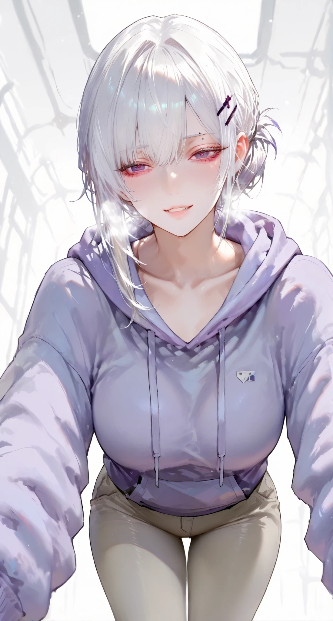 1 Girl,Hairpin Hairstyle,white hair, Cold, blank , high detail, conceptual art, super detailed, high details, high quality, best quality, Dark Purple Eyes, White hair, beautiful, tall, emotionless, blank , weakly happy , Medium, light red eyes, ((feminine )), ((handsome female face)), handsome, bite_1024, ( 穿着light purple hoodie), masterpiece, full body, alone, blurred background ,Inside the spaceship, white background, Cold expression (close up), light atmosphere , 1 Girl, ,( character data sheet:0) Perfect face, White hair,,extra thick thighs,Full figure,extra thick thighs,{Big top view},The hair that highlights the thighs ,light purple hoodie,Tall,tall ,The cicada is lying slightly right now,Long pants,trendy pants,{ long pants}Eye Lips、Eye Circles、Smiling Skin、Eye Brow、Fleshy。Lower eyelashes,Normal neck, medium breasts