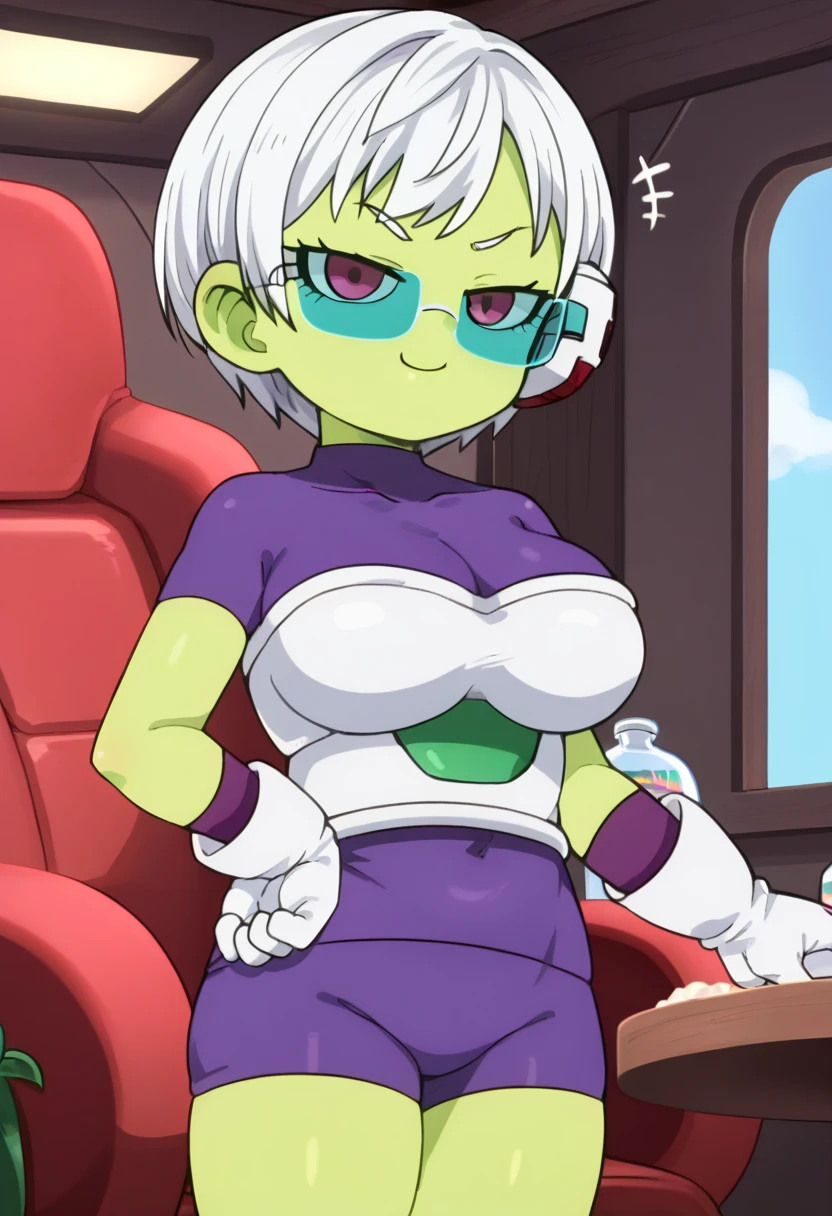 Underboob, RAW photo, (high detailed skin, detailed eyes:1.1), intricate details, best quality, 8k uhd, soft lighting, 1girl, solo, smile, Cheelai, white hair, purple eyes, green skin, bodysuit, skin tight, white armor, belt, white gloves 