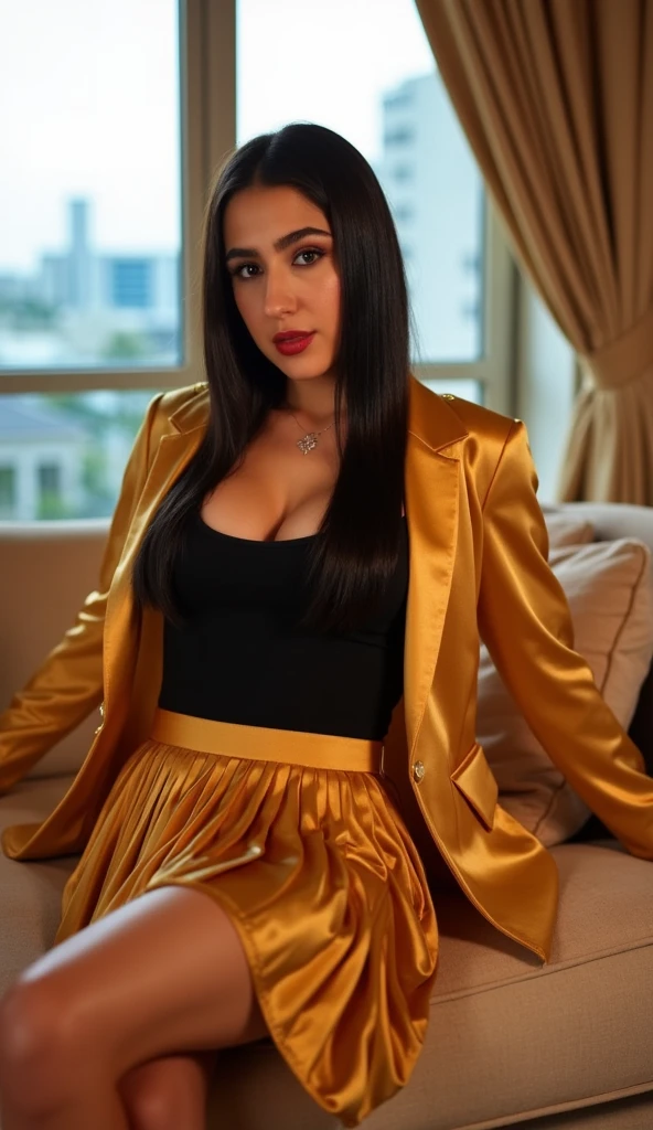 Masterpiece, Sexy woman, Albanian woman, 30 years, cute face, neat face, detailed face, small neat nose, neat plump lips, big brown eyes, brown eyes, Alice Milano, long hair, curly hair, natural shine, chocolate hair, western, hot girl with charm face, classic woman suite, yellow suit, shoes with heels, Australia, entire body in frame, detailed and realistic image, full-frame, very detailed 8k HD high definition detailed realistic, skin detailed texture