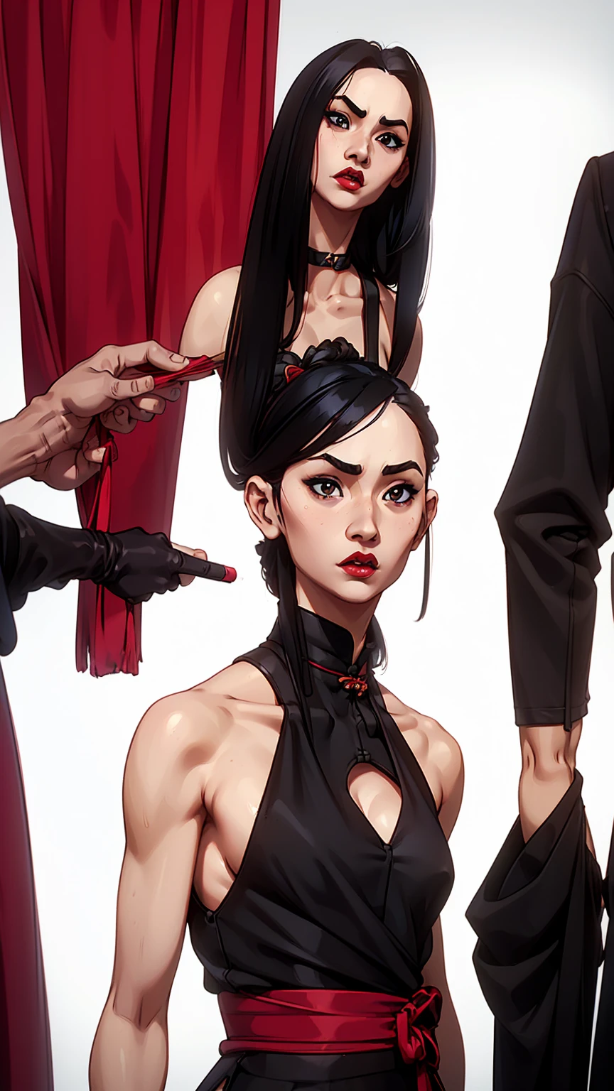 杰作,A split comic of the same woman,A wonderful storyboard display of comic characters,4K anime,(animel:1.2),Anime drawing of a female martial artist in a bikini and robes,Mysterious oriental atmosphere,tall,Plump breasts,Slim and well-proportioned waist and abdomen,Slender legs,Perfect body,Realistic Hanfu,Wear boots,Combat posture study,a whole body,Dress,Image of a female boxer,Martial arts anime style,colored sketch,Sketch art style,anime artsyle,digital anime,The ultra-great resolution,Realistic scale SFW,Place your hands in her body position!,Full body combat stance,fighting action,Gesture painting,Fine sketching,Full Body Portraits,,animepainting