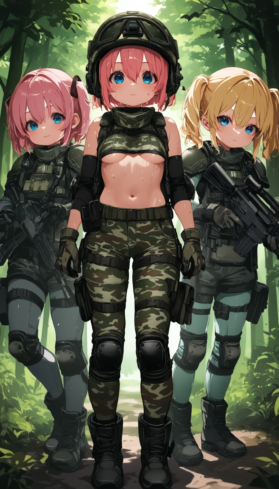 1 female 20 years old, maximum resolution, Carved, army, wearing a soldier's helmet, beautiful, perfect body, blonde hair, blue eyes, perfect body, thin waist, wide hips, big breasts, slim thighs, jungle background, army robot dog, camouflageuflaged uniform, tight panties, two piece, very detailed, High resolution, perfect hands, camouflage, have a gun,bare shoulders