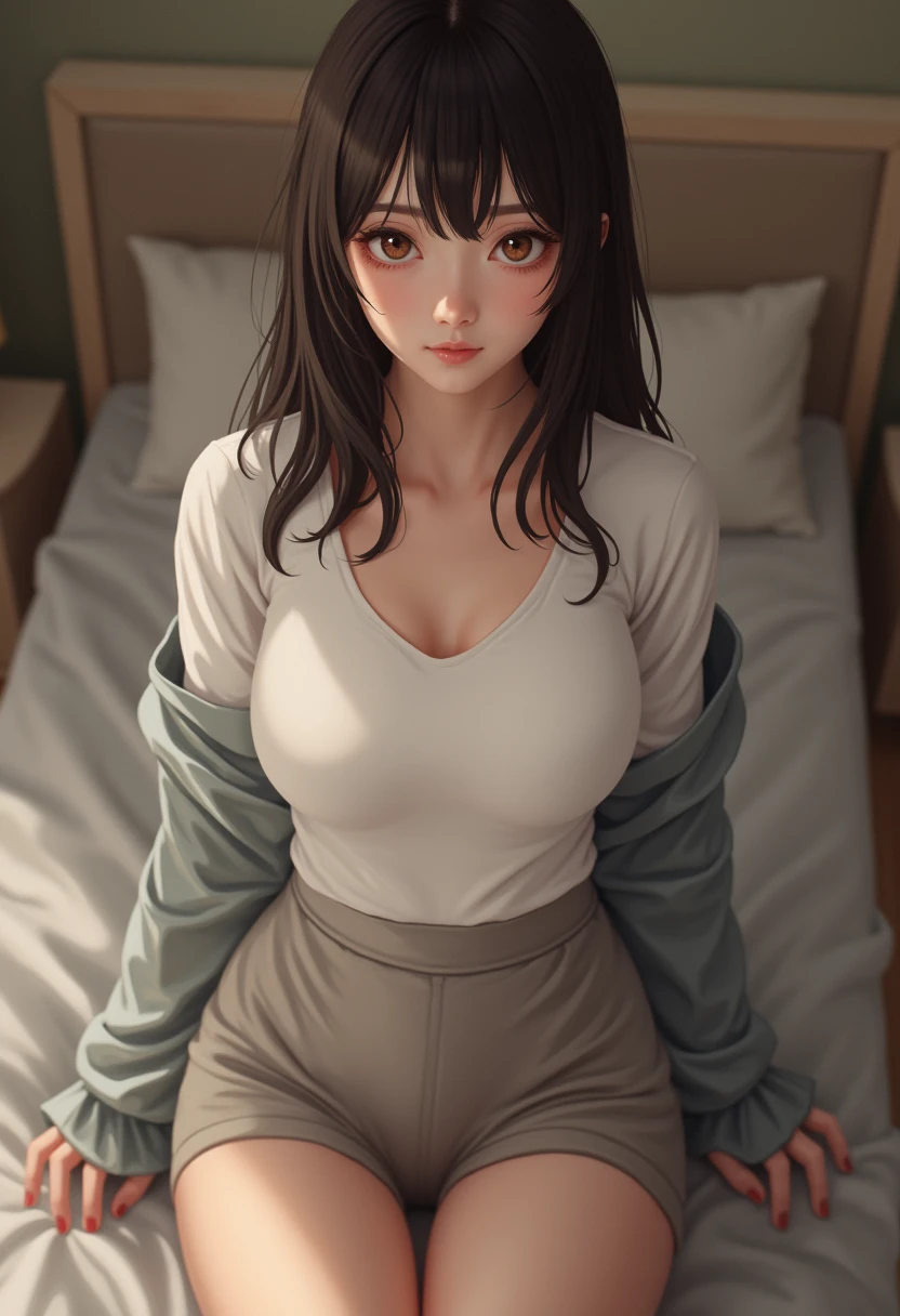 /(Bedroom /), Only one female, Mature Woman, /(V-neck sweater、 Ribbed sweater dress/), bangs, blush kind 笑face, (Masterpiece Top quality:1.2) delicate illustratiのsuperior ultra-detailed, Large Breasts、 (squeak_笑face), (Lying down), Spread your legs, arms_superior, Show your armpits, ((how_のsuperior_face)), ベッドのsuperior、Bedroom、Mature Woman, Large Breastsの谷間、Late Night、Night room、Lights out、Without lights、Dimly lit room、garter belt & Fishnet tights