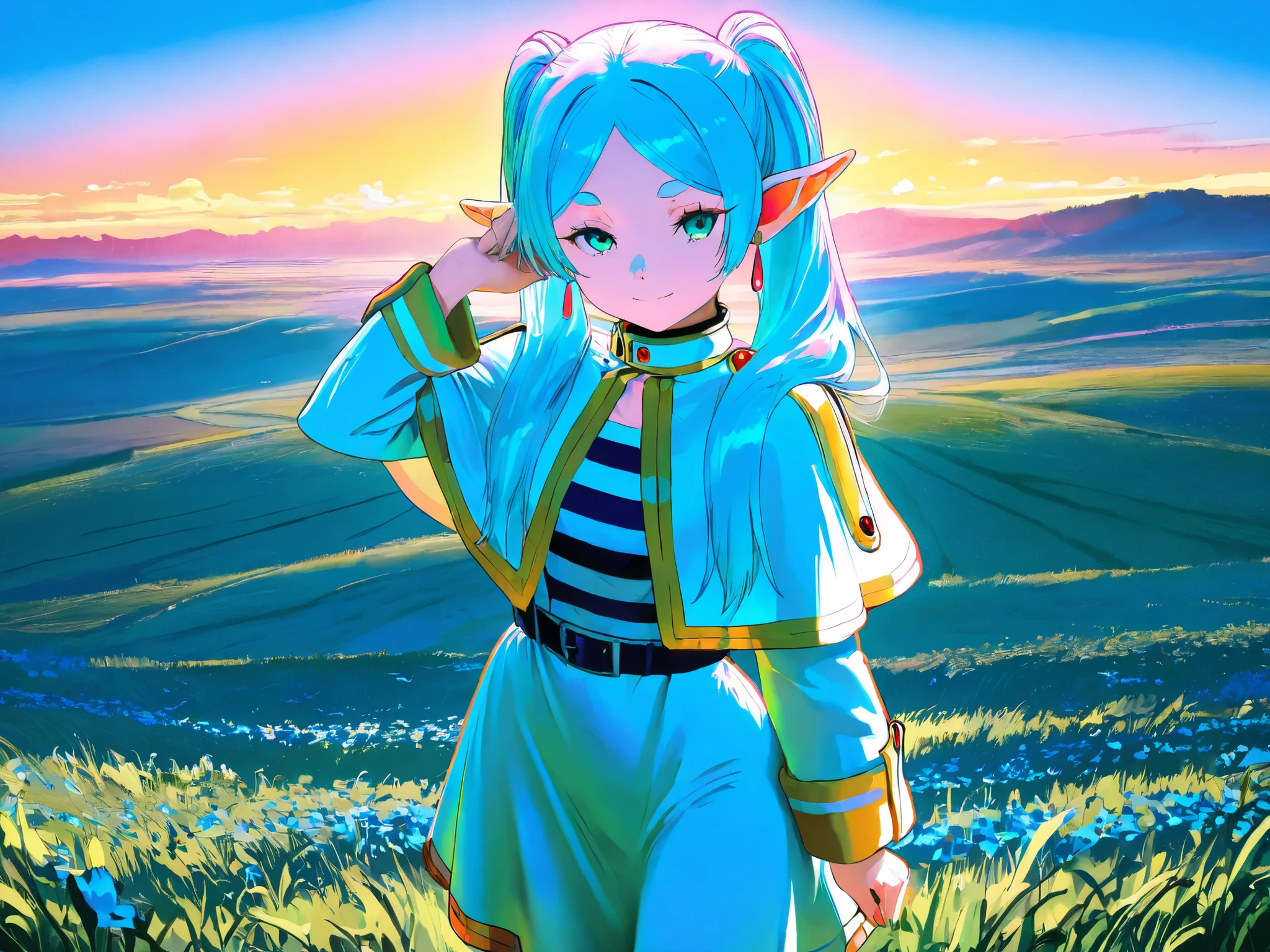 HDR, 8K, high contrast, masterpiece, best quality, amazing quality, very aesthetic, (by cutesexyrobutts: 0.6)
BREAK
bounce light, hyperdetailed, detailed hair strands, detailed fibers, aesthetic, 8k wallpaper, detailed, masterpiece, best quality, amazing quality, very aesthetic, absurdres, 8K,masterpiece, great colors, color theory, great lighting, great composition, flawless. 1girl, frieren (sousou no frieren), smile, closed mouth, looking at viewer, face, cowboy shot, cute pose, purple and blue tones, grassland background