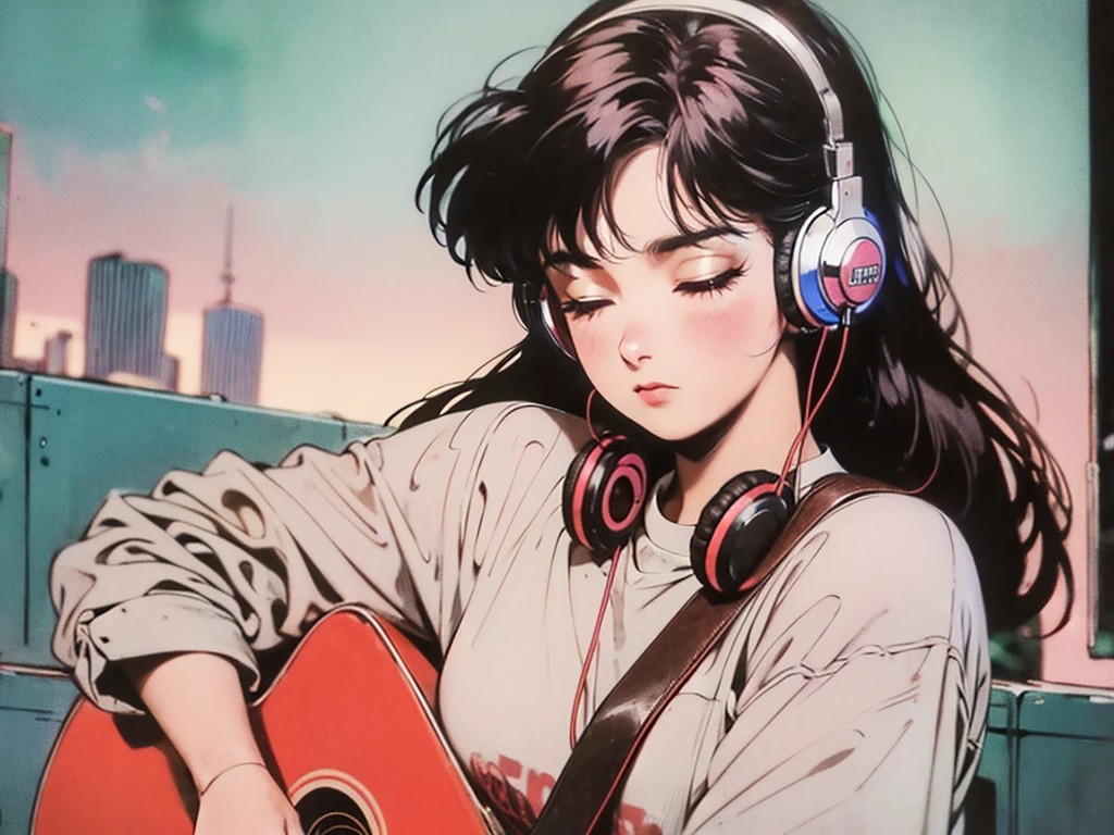 Miss, the 90s, retro, Crop Top, (Flat color, Flat Texture, Line art:1.2), Huge breasts, Graphic Design, Headphones、near

