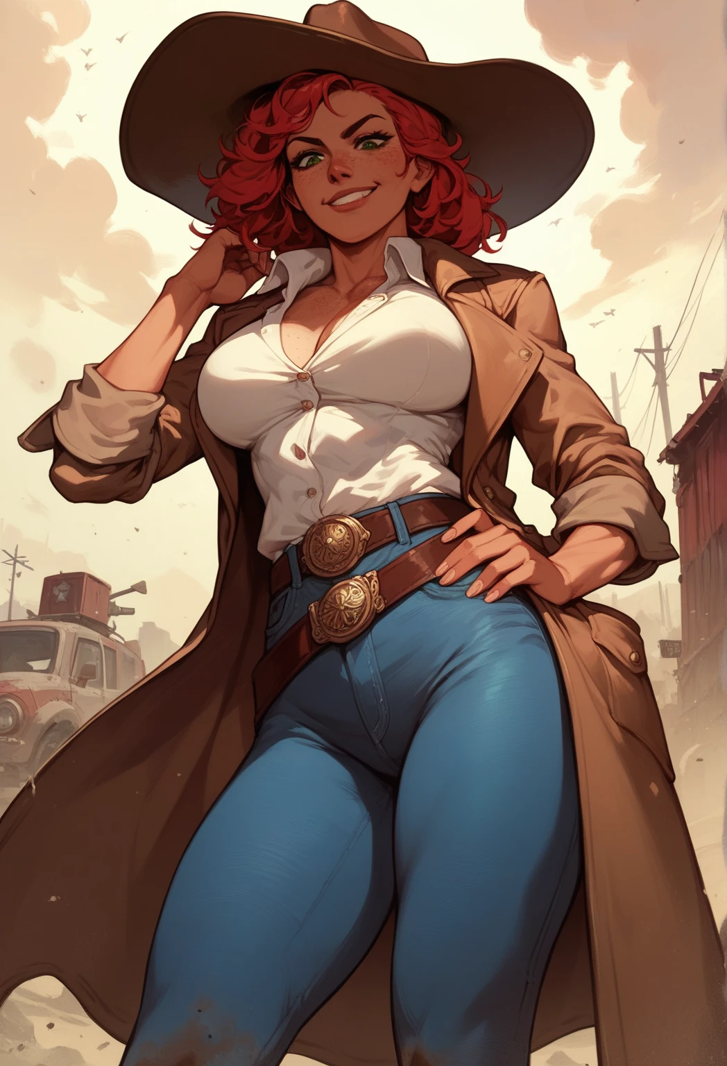 a picture of 1 woman, set in a calm riverside, a 40-year- old Scottish female nurse in world war 2 style, (dawn:1.2), sunshine, peaceful, hopeful, calm. (outdoors:1.5), (((The woman is hanging white sheets to dry on a clotheline.))) relaxed pose, hand on her hip. She has has copper red hair, tied up to a braid, ((brown eyes)), downturned eyes, high cheekbones, strong eyebrows, freckles, strong jaw, strong face, cheerful smile, energetic, hopeful expression, white nurse outfit with white jacket and white skirt, white nurse headgear, red cross. Huge breasts, broad hips, cinematic, UHD, masterpiece, anatomically correct, textured skin, natural blemishes , wrinkles,super detail, high quality, best quality, award winning, highres, 16k, HD,