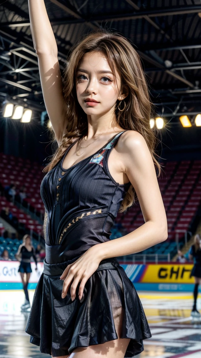 flat chest,small breasts,slender,vulgarity,public indecency,,vulgarity,public indecency,((((Very small breasts)))),((((breasts with small bulges)))),(Slim body)、((Slim body))、(Realistic), (Realistic:1.37), ,One girl,Beautiful fine details,Highly detailed skin,(Beautiful face with double eyelids), (realism: 1.4),Female about 20 years old,(Beautiful Face 1.4),Earrings,Photo of Japanese actress in American football studium.audience, crowd, night,dark, cheerleader, jumping, short skirt, sneaker