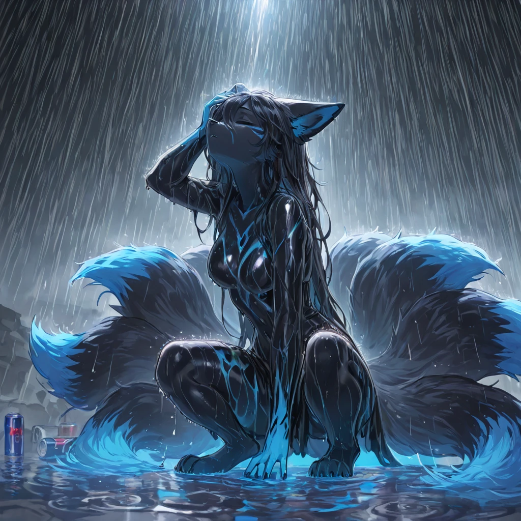 cute dog girl, nsfw, (((showering naked in a waterfall))), ((((bending over)))), (((viewed from behind))), ((grey eyes)), ((looking at viewer)), (((annoyed expression)))(((focal point))), ((close-up full body shot)), ((dynamic angle)), (long black hair, wet and shiny), (((dripping wet body))), (dog ears), (dog tail), (black dog collar), ((detailed water droplets, sunlight filtering through trees)), ((dynamic and beautiful lighting)), BREAK, masterpiece, UHD, detailed and high quality, serene atmosphere, vibrant colors, flowing water, detailed background, intricate details, natural beauty