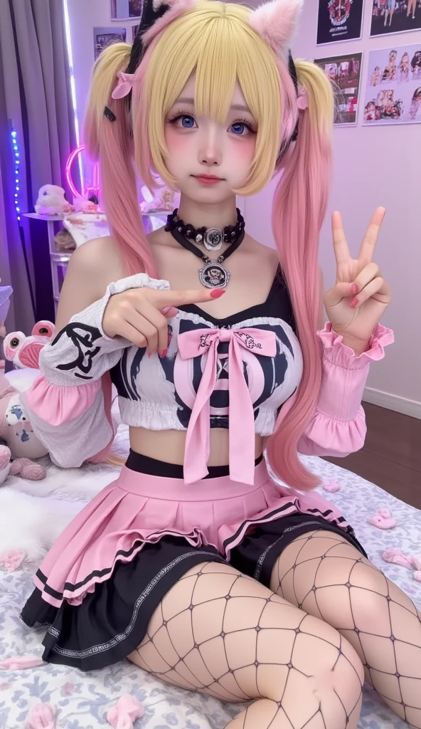 Pink haired woman in a white and black outfit laying on a bed, belle delphine, ahegao, anime vibes, ahegao face, anime barbie in white stockings, shikamimi, webcam footage, highly realistic. live cam, y 2 k cutecore clowncore, pink twintail hair and cyan eyes, blonde hair and large eyes, low quality video