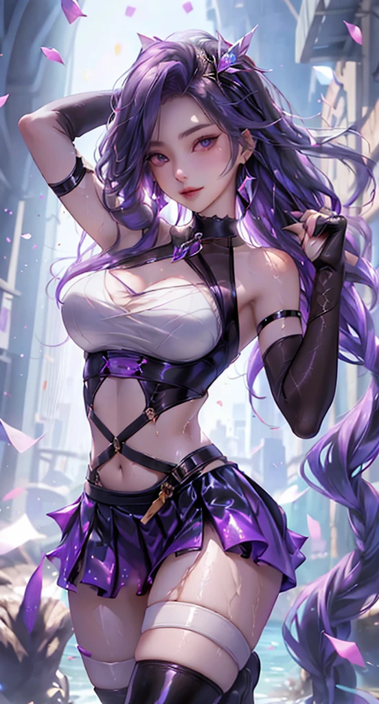 young girl, short black and purple hair, Short braid, bunny ears, Yellow eyes, purple lipstick, Gothic dress, open breasts, Smile, Masterpiece, hiquality
