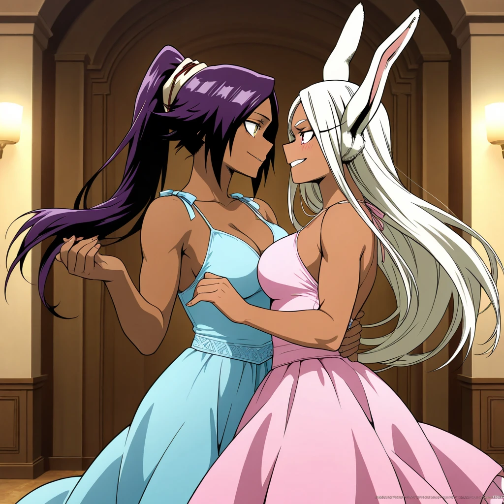 2girls,Urd,Skuld,facial mark,white hair,gloves,forehead mark,jewelry,brown eyes,long hair,dark skin,one eye closed,brown hair,fingerless gloves,blue eyes,dark-skinned female,flower,1990s (style),cleavage,black hair,retro artstyle,waving,bracelet,breasts,traditional media,score_9,score_8_up,<lora:Kosuke Fujishima_XL_PONY_OM:0.9>,