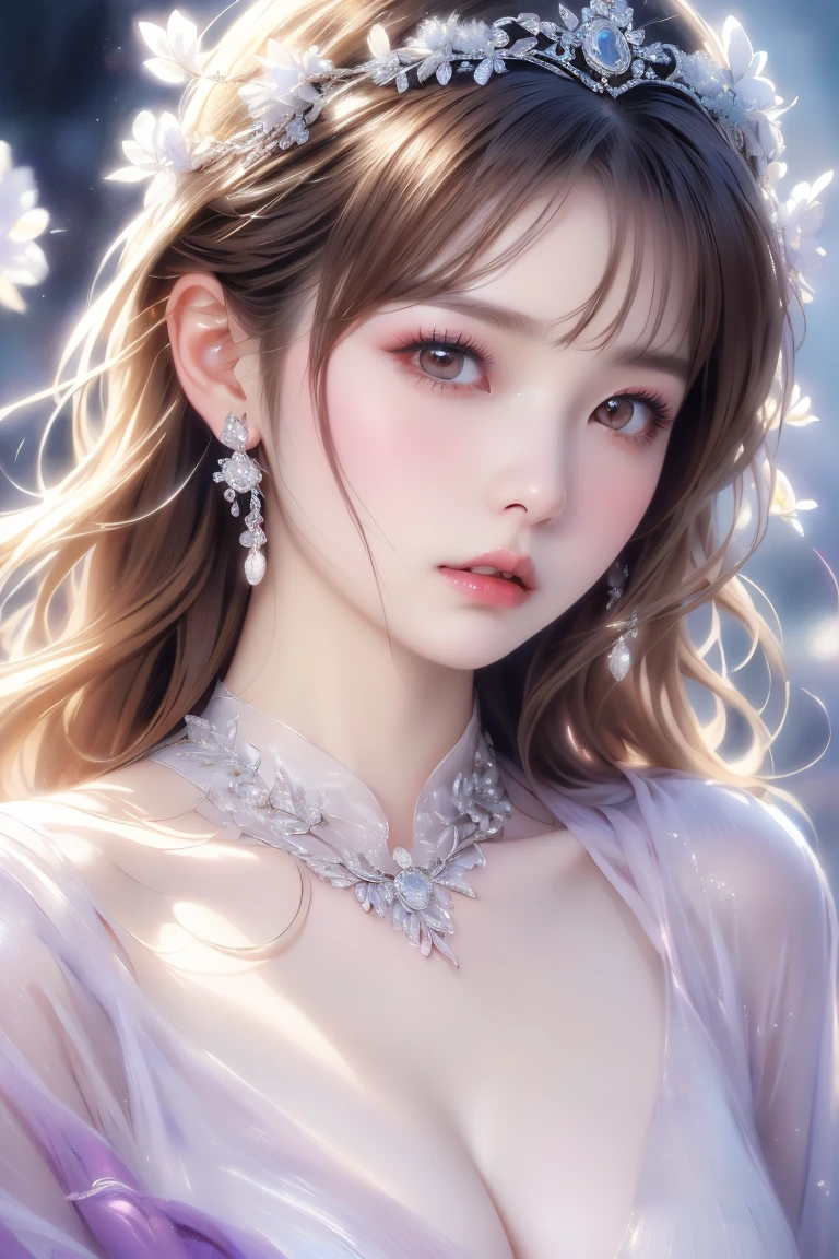 White Background、Professional Lighting、(((Professional Lighting 1.5)))、Translucent skin texture、Beautiful Skin、Beautiful Skin、、Off the shoulder、White Dress、See-through、fluttering feathers、Ecstasy of Musical Notes、((Kiss pose))、Face close-up