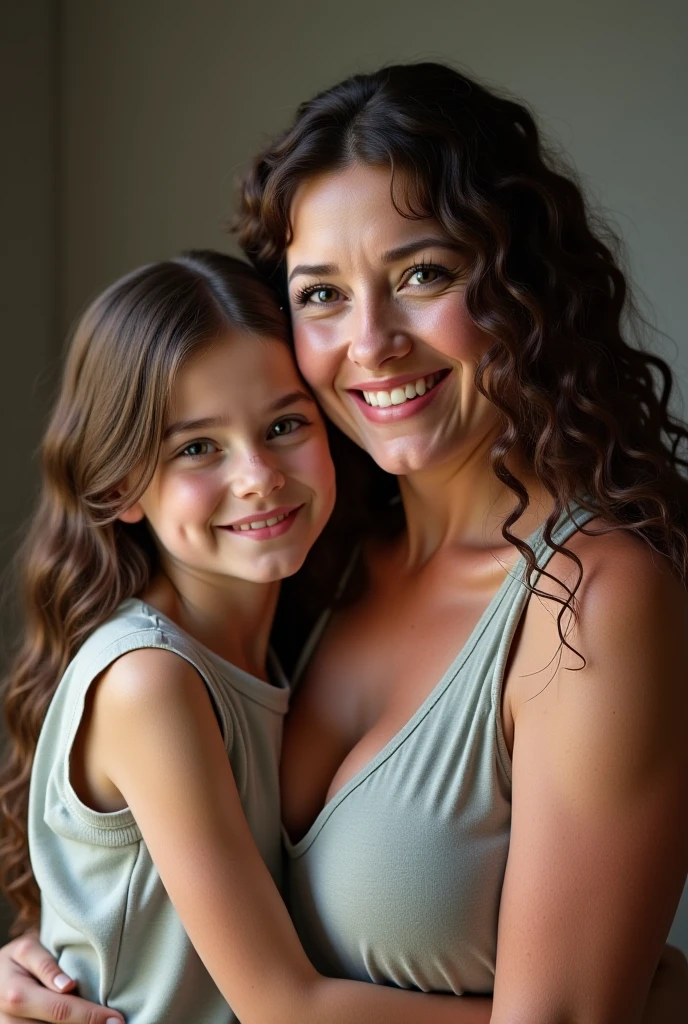 A real photograph of a half-smiling 45-year-old woman, half-saggy breasts, curvy body, and layered wavy brown hair falling in front, standing next to her smiling 11-year-old daughter. The 45-year-old woman is wearing a red blouse with black lines, black jeans, her daughter is wearing a summer dress. They both have almond-shaped eyes, a cinema entrance background, They both look at the photographer, hyperreal, best photography, photorealistic,