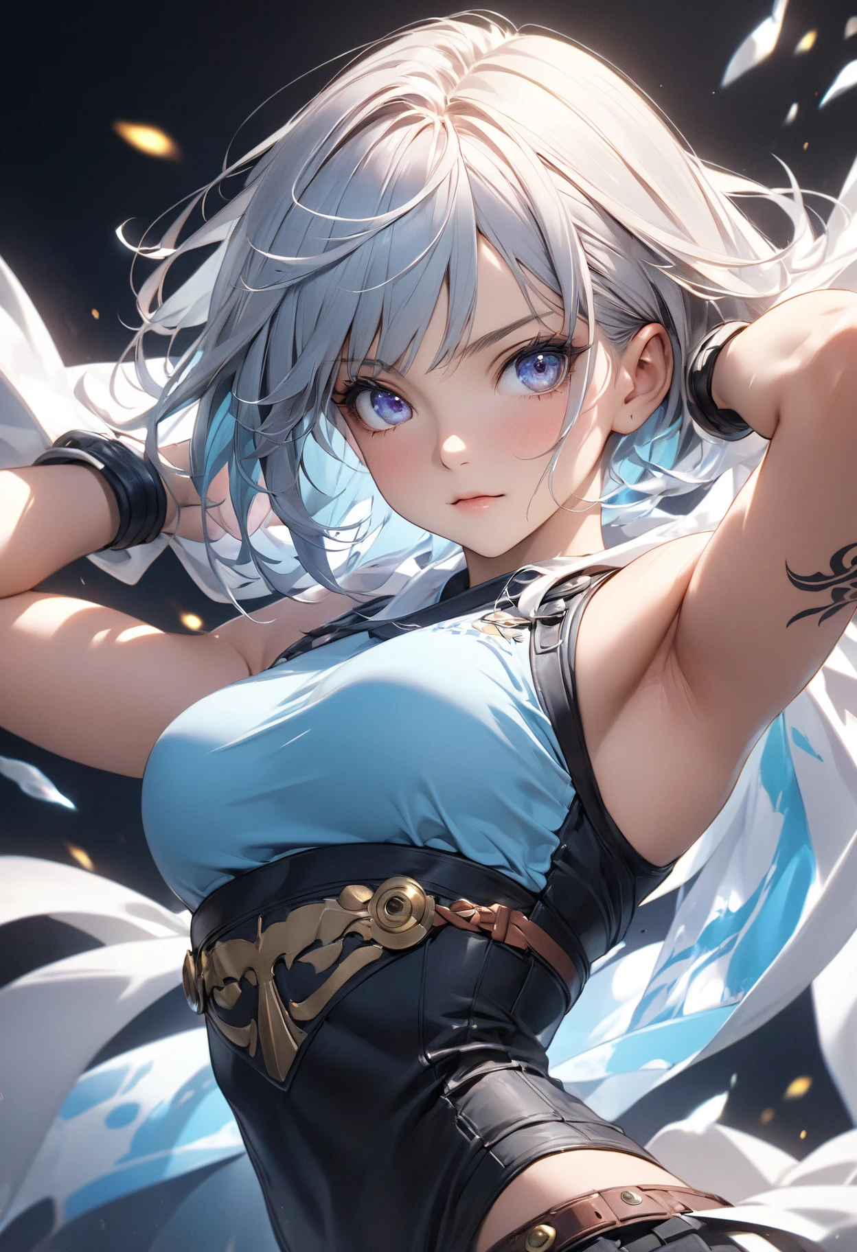 Ultra HD、(masterpiece)、[3Dimage:1.15],Attractive eyes、The smile is very cute、[[Detailed eyes、Colorful eyes、Shining Eyes:1.15]]、Blue Hair、skirt,Best Anime 4K Konachan Wallpaper, Anime Style 4k,Anime Moe Art Style、Cowboy Shot,8Ｋimage、(highest quality:1.2)、(Facial details:1.2)、masterpiece、Ultra-precision、Best image quality, blush, highest quality, Perfect lighting, One Girl, skirt, Middle Breath、15 years old、large breasts with good shape、The right eye is hidden by hair、smile、((Fully exposed cleavage))、(((Browsing Caution:1.32))),,,(Very short hair),(whole body,(Loli A:1.3),(SF),whole body,(cute), (cute girl), (high school girl), Long Hair,, Magical girl,
city, storm, many layers, Bahamut, final battle, universe, forever, meteor,
Cinema Lighting, Depth of written boundary, vapor, Detailed light, Dynamic Angle,
Detailed Description, Very detailed, Super detailed, Best Shadow,
Jumping, running, Combat Stance, Multiple arrows flying in the same direction,Platinum Blonde、Bright Blue Eyes,((The costume is in tatters))、
Attack combat mode, holding Magical girlの杖, gripping Magical girlの杖, A huge magic circle in the air,
floating, debris, Dust, Shi Feng, ice effect, Flare Array, Magical girlの杖,