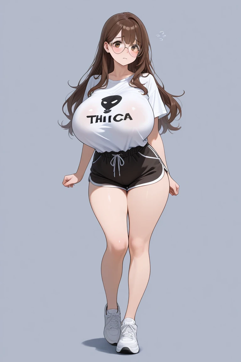 Obese woman, wearing a stretched crop top and small shorts, belly hanging out, hands on belly, medium brown skin, long curly hair.