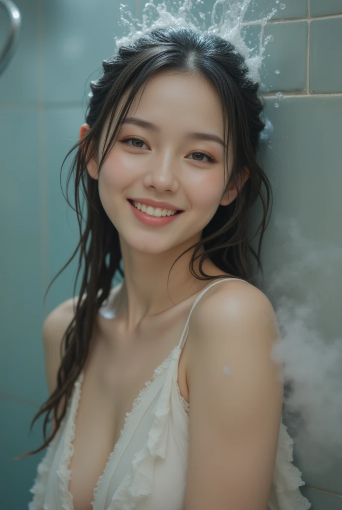 Beautiful Korean Women,naked bath, in the shower with running water,wet black hair in a ponytail,smile cheerfully,with steamy glass background,best quality realistic detailed photography.8k hd