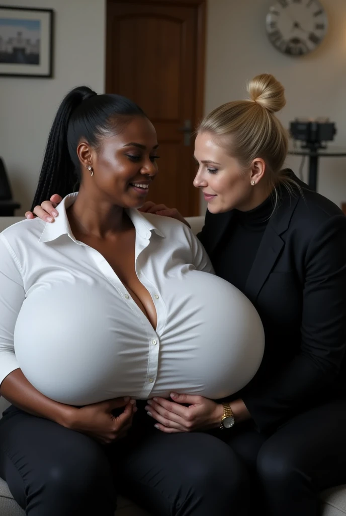 (((2heads))), a couple of woman standing side by side,(long brown hair), (sweaty, sweating, wet body:1.2), 2heads,(Best quality, 4k, Masterpiece:1.3), beautiful woman, hyper realistic, 1girl, 30 year old woman, (droopy breasts :1.3), (sweaty, sweating, wet body:1.2), ultra-detailed face,, wearing leggings, beautiful shiny curly black hair, african, darkskin, dark blue eyes, cute freckles, tanskin,sexy woman, ,unathletic, smiling, full body,model, busty, wearing glasses pale skin,thick, chubby, fat stomach, visible curves, pale skin, ultra-detailed face, beautiful shiny long blonde hair, , paleskin , dark blue eyes, cute freckles, , wearing sexy sweatpants, conjoined, chubby ,bimbo,visible curves, cleavage,chubby woman, 23 years old, on a couch, large droopy breasts, happy expression,full body