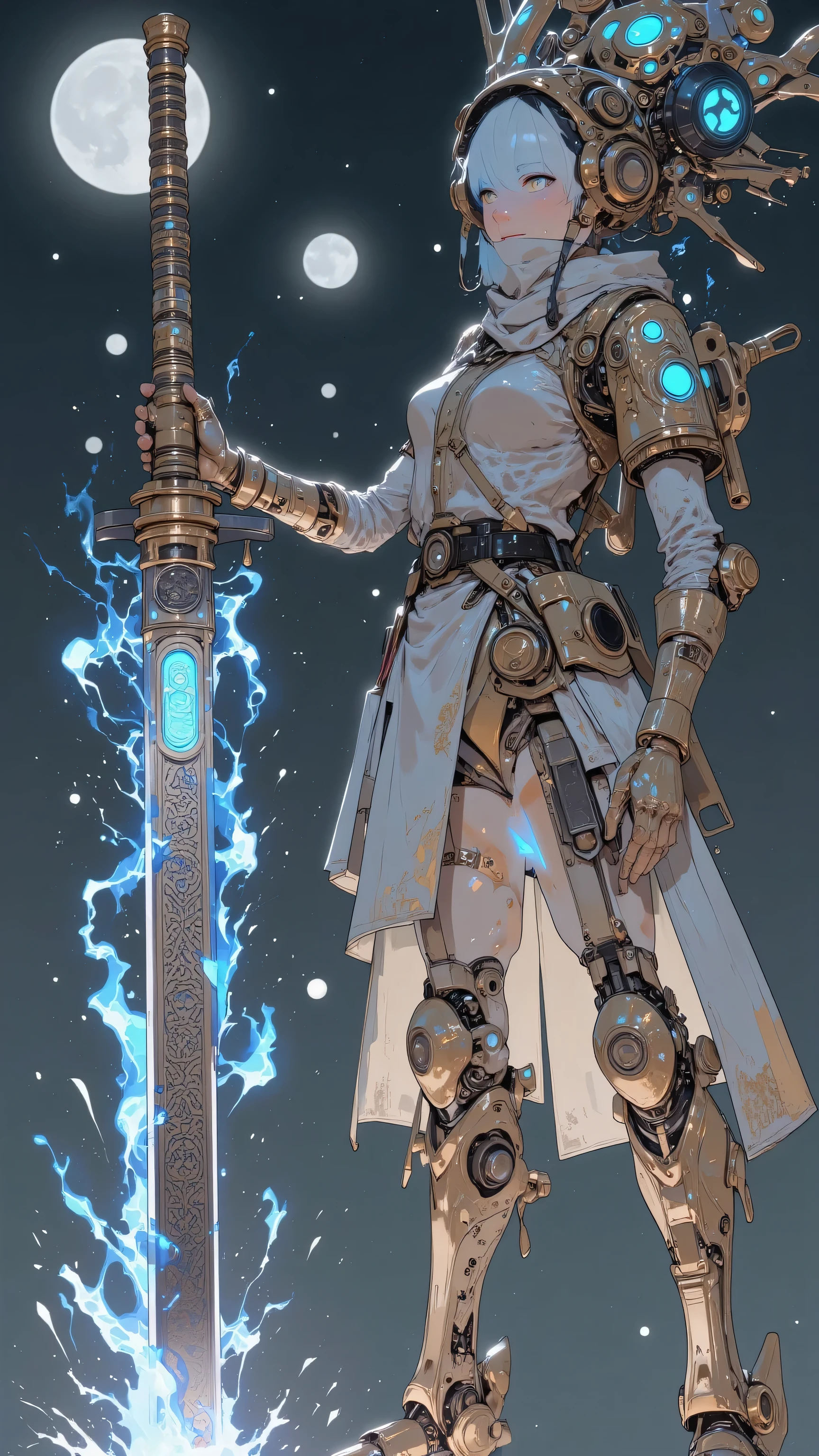 Design a highly detailed and futuristic humanoid robot inspired by science fiction aesthetics. The character should have a mechanical, cybernetic body with visible robot joints and intricate metallic textures. Its design should seamlessly blend traditional Japanese elements with advanced technology. The robot has no human features, emphasizing its fully mechanical nature, but it retains a humanoid silhouette for a striking visual impact.
The robot is equipped with a glowing katana, which emits a radiant blue energy along its blade, symbolizing advanced weaponry. The katana's hilt should feature intricate engravings that reflect both traditional craftsmanship and futuristic design. The robot is holding the sword confidently, showcasing its readiness for battle.
The character is adorned with a scarf wrapped around its neck, adding a touch of elegance and tradition to its otherwise mechanical appearance. Its body design incorporates patterns reminiscent of ancient Japanese armor combined with modern robotic plating. The legs and arms should be reinforced with visible mechanical components, emphasizing its robotic structure.
The background should feature a subtle science fiction atmosphere—dark and minimalistic—with floating celestial objects like small moons or asteroids to enhance the futuristic theme. Ensure the lighting highlights the glowing elements of the katana and the robot's metallic textures, creating a visually captivating and immersive scene.