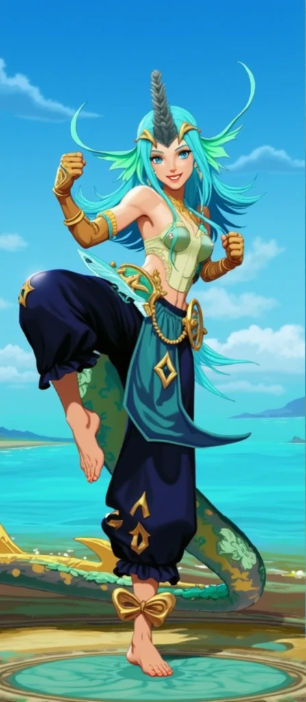 concept of a Brazilian folkloric character dressed in the clothes of the aqua_konosuba, in the background a beautiful city of the interior