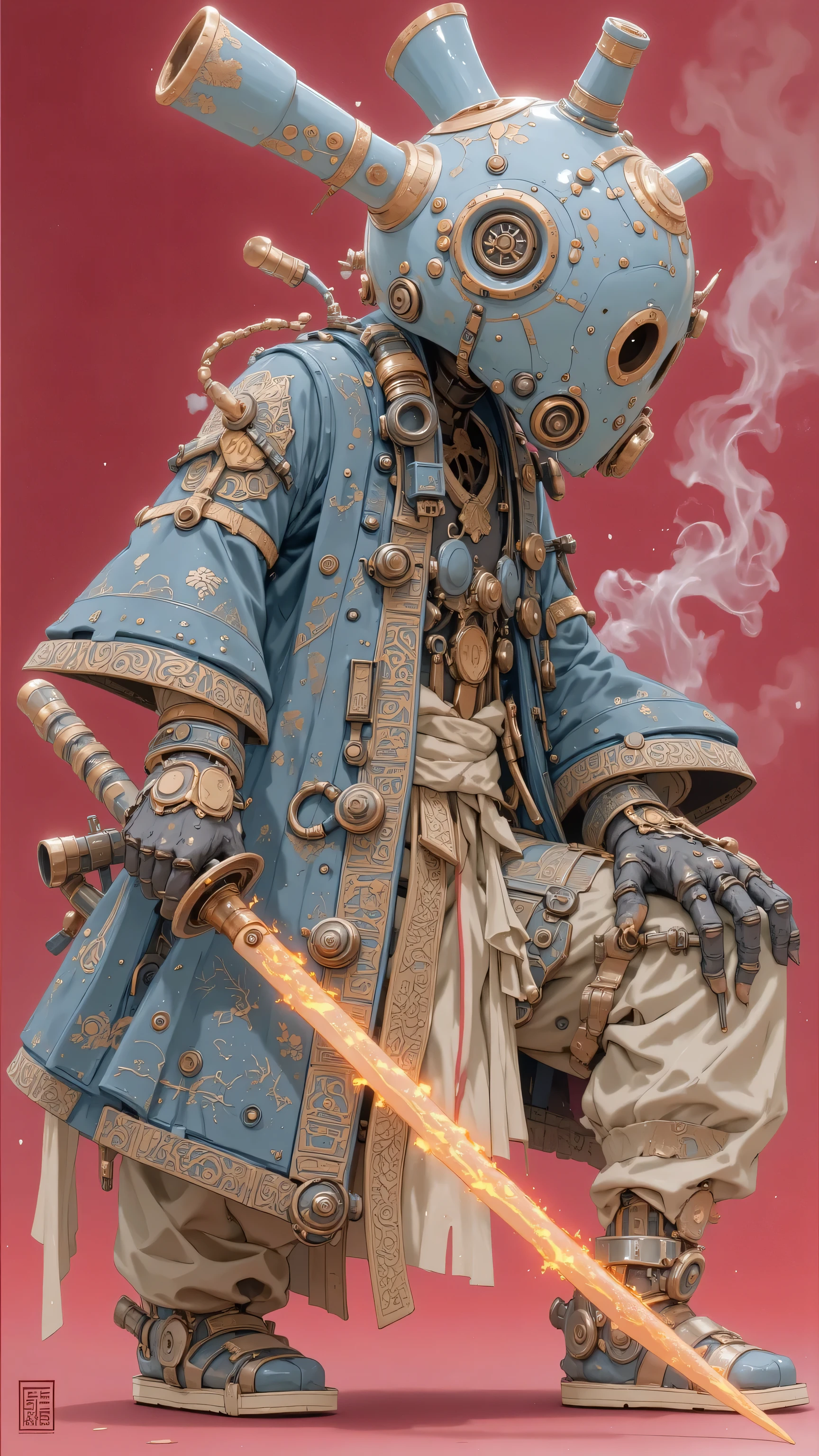 Create a highly detailed and visually striking humanoid robot character inspired by traditional and futuristic aesthetics. The robot should have a fully mechanical body with intricate designs, blending advanced robotics with cultural motifs. It must have no human features, emphasizing its artificial nature, but its silhouette should resemble a humanoid figure for a captivating presence.
The robot is wearing an elaborate robe with detailed patterns reminiscent of ancient craftsmanship, paired with modern elements such as armored components and cybernetic enhancements. Its footwear should be designed as futuristic yet functional shoes, complementing the overall aesthetic. The robot's head is covered by a large, ornate mask that features mechanical details and cultural engravings. Smoke should emanate from parts of its body or surroundings, adding a mysterious and atmospheric touch.
The character is holding a glowing sword that emits fiery orange energy along its blade, symbolizing advanced weaponry. The katana-like weapon should have intricate engravings on the hilt and blade, showcasing both traditional artistry and cutting-edge technology. The robot's pose should convey strength and readiness, with the sword held firmly in one hand.
The background should be minimalistic yet impactful—a solid red tone that contrasts sharply with the robot's blue and gold color scheme. Ensure the lighting highlights the glowing elements of the sword and the metallic textures of the robot's body, creating a dramatic and immersive visual effect.