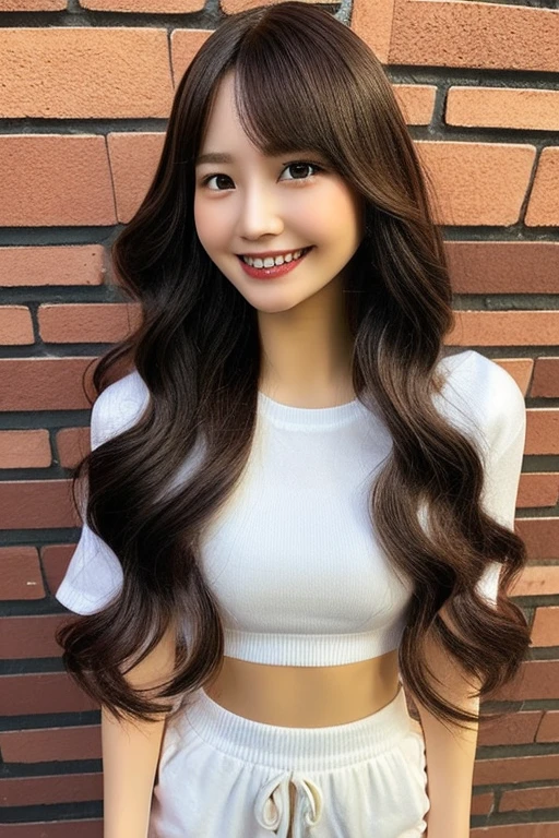 ((Full Body Angle))、((highest quality, 8K, masterpiece: 1.3)), concentrated: 1.2, Cute girl 1,Nipples erect、 Perfect beauty: 1.4,Cut and sewn T-shirt Raglan sleeve summer short sleeve T-shirt.Shorts: 1.2,Long sleeve、Randall Color、comics&Text Graphics、Black ruffle-trimmed drawstring zip blouse,1.1, Highly detailed face and skin textures, Fine grain, double eyelid, whitening skin, ,highest quality,Ultra-high resolution,you,1 girl,alone,_Shiny_skin,Iris,necklace,((Brown_length_Wavy_hair)),(lips)),eyelash,Front hair,deal with,compensate,Shiny,pore,skin texture,Large Breasts、smiling face、
