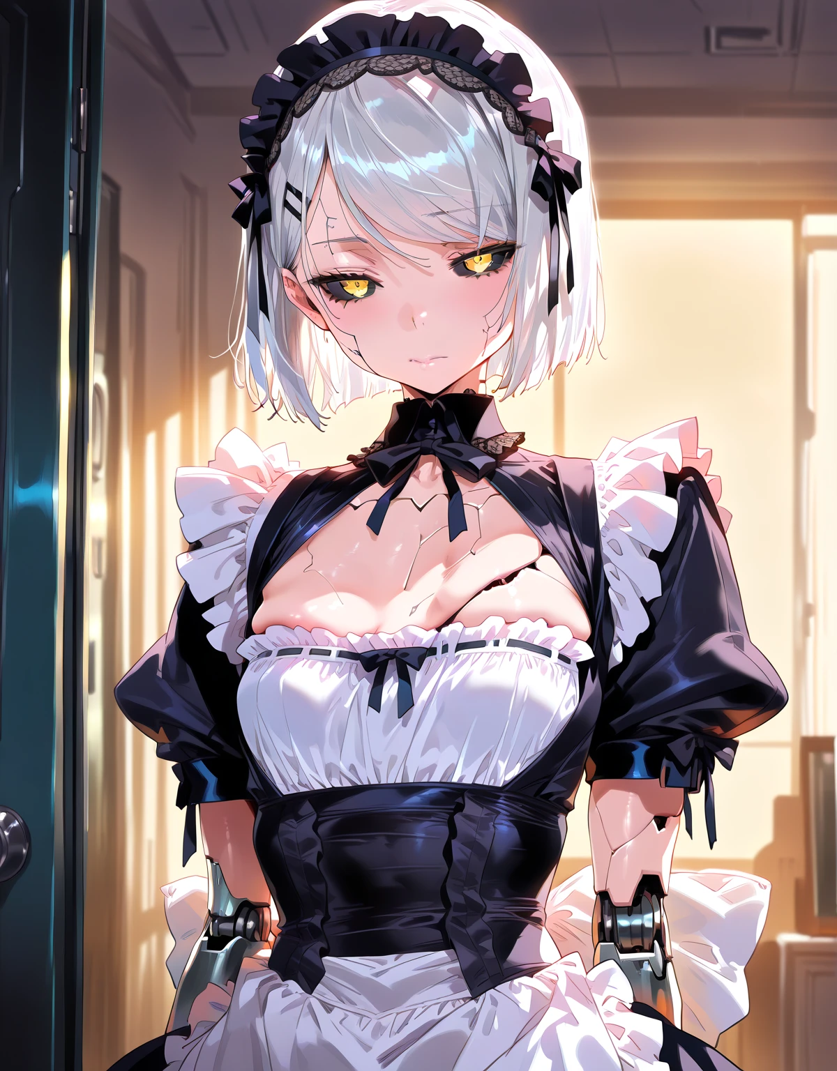 solo, Female, Manga, Japanese, Anime, Pastel, silver hair, (short cut), high school girl, ((tareme)), [big eyes], black iris, light blue eye, tall, [[curvy]], japanese idol,  cleavage, ((masterpiece)), ((high resolution)), ((best quality)), (ultra-detailed), ((extremely detailed)), hairband
