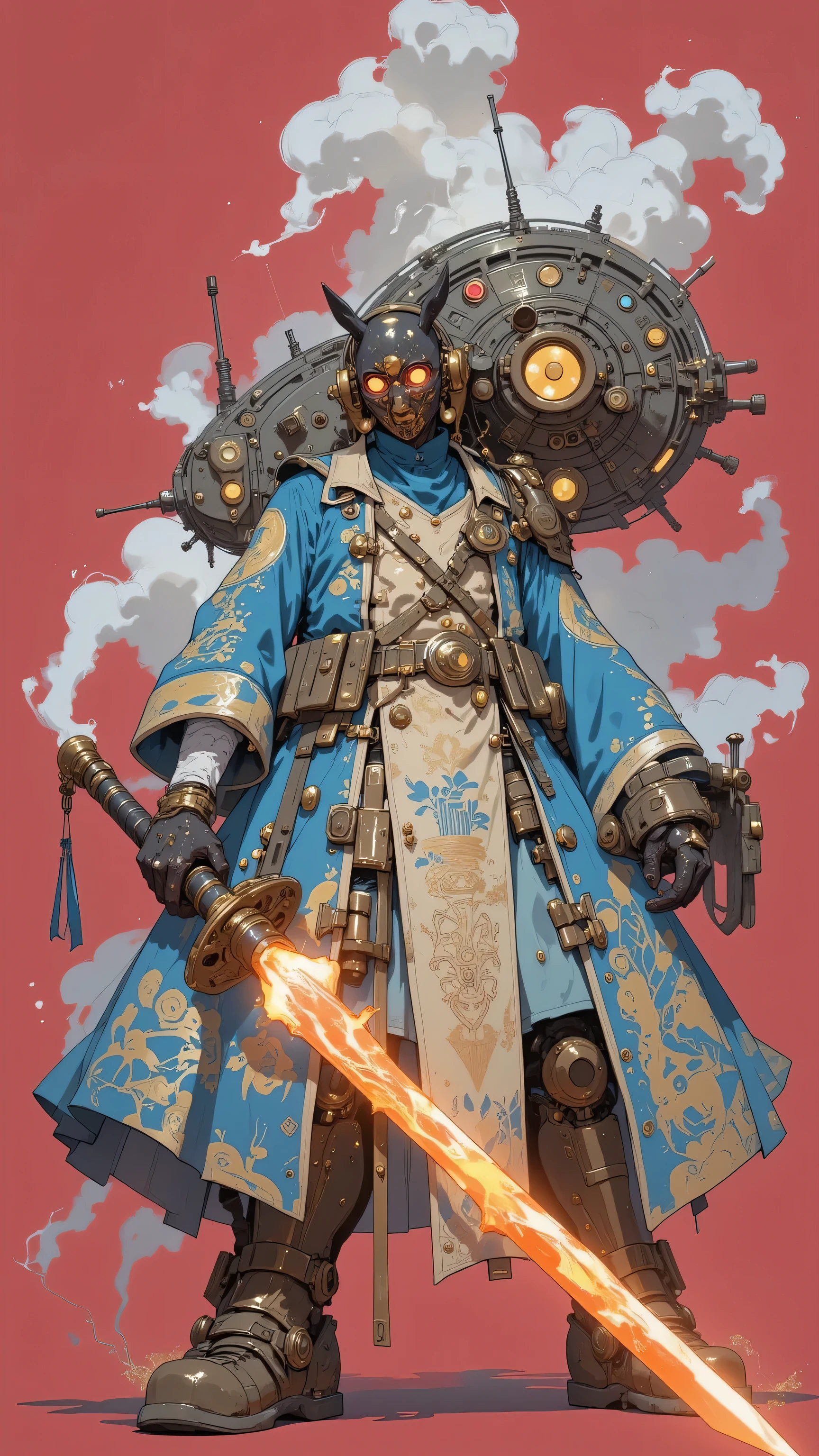Create a highly detailed and visually striking humanoid robot character inspired by traditional and futuristic aesthetics. The robot should have a fully mechanical body with intricate designs, blending advanced robotics with cultural motifs. It must have no human features, emphasizing its artificial nature, but its silhouette should resemble a humanoid figure for a captivating presence.
The robot is wearing an elaborate robe with detailed patterns reminiscent of ancient craftsmanship, paired with modern elements such as armored components and cybernetic enhancements. Its footwear should be designed as futuristic yet functional shoes, complementing the overall aesthetic. The robot's head is covered by a large, ornate mask that features mechanical details and cultural engravings. Smoke should emanate from parts of its body or surroundings, adding a mysterious and atmospheric touch.
The character is holding a glowing sword that emits fiery orange energy along its blade, symbolizing advanced weaponry. The katana-like weapon should have intricate engravings on the hilt and blade, showcasing both traditional artistry and cutting-edge technology. The robot's pose should convey strength and readiness, with the sword held firmly in one hand.
The background should be minimalistic yet impactful—a solid red tone that contrasts sharply with the robot's blue and gold color scheme. Ensure the lighting highlights the glowing elements of the sword and the metallic textures of the robot's body, creating a dramatic and immersive visual effect.