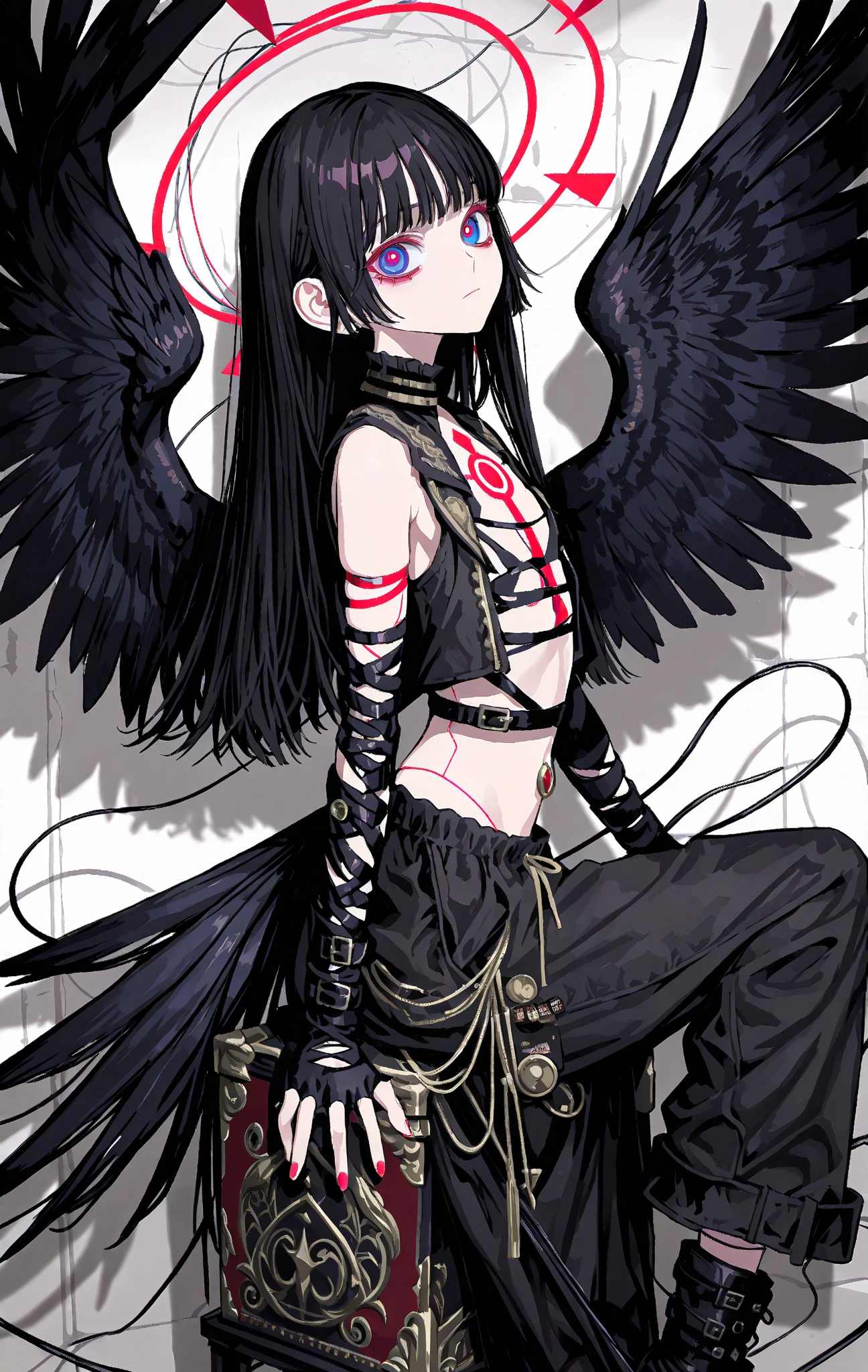 masterpiece、solo、girl、short、student、long black hair,straight hair、with bangs that cover the eyes、long bangs、Smooth Hair、center part、 Blue Eyes、Red pupils、pretty eyes、Half an eye、thick eyelashes、expressionless、black cargo pants with red accents, black boots with straps, and fingerless gloves.  black arm covers、sleeveless high neck、Black high neck、belly button、I won't show you the space between your breasts、Put on a black costume、suggests calm, A casual moment. flat chest、flat chest、spotlight on chest、white wall、Wings growing from his waist、Gradient Wings 、 spread wings 、bird tail 、Long, thin tail、cool vibe、Nail、 Anne Nuit、A wire-like line is wrapped around the arm、Elegant appeal 、Street vibe、cool pose、Dark Style、Military style 、 seamless 、 digital 、