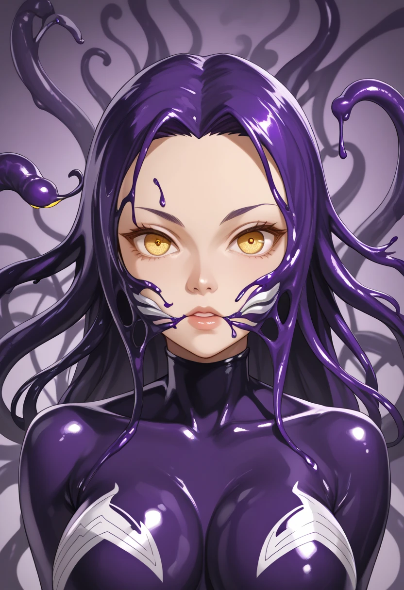 2.5d, best quality, masterpiece, highest detail, most realistic, hd, young woman, perfect figure, wearing purple tentacle suit, parasitic tentacles, attachment, damp black translucent mucus, squirming tentacles, symmetrical full-body rendering, full-body, wlop glossy skin, erotic pose, erotic expressions, eyes up, pupils up, tongue sticking out, snake-like long tongue, deepthroat clip sucking tentacles, thighs apart, M-shaped legs, pink tentacles spread on face, lines, flushing of face, body twitching, Tentacle transparent mucus moist juice splash,