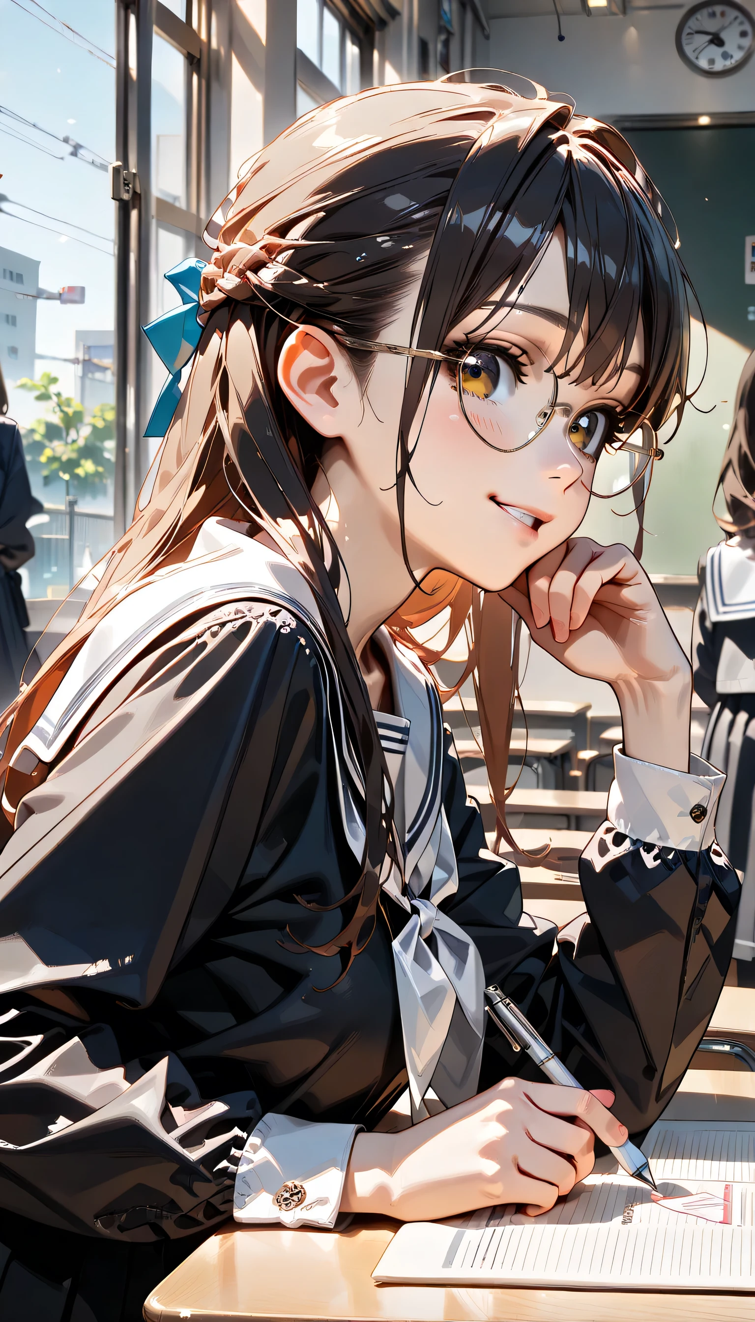 ((ultra-detailed)), (highly detailed CG illustration), (best quality:1.2), ultra-highly detailed, colorful composition, artistic photoshoot, 1girl, solo focus, ((upper body:1.4)), moe anime character, girl, dainty facial structure, (baby face), (round face), ((rounded chin:1.2)), celia-default, celia claire, blue eyes, ((wearing glasses:1.4)), ((round eyewear:1.4)), ((black hair color)), long hair, ((half updo)), ample breasts, school uniform, sailor suit, traditional Japanese style with navy blue and white colors, ((smile)), ((blush)), ((spoken note:1.3)), ((in the Classroom)), ((writting a memo using a mechanical pencil:1.3)), ((writting a memo in my notebook:1.3)), ((Looking at the notebook:1.3)), from side, best quality, masterpiece, expecting, pink cheek, blush, light pink gloss slip, portrait, depth of field, soft lighting, sidelighting, (shine), lighting, caustics, ray tracing, smile, perfect face, lustrous skin, highly detailed face, highly detailed eyes, perfect face, perfect nose, perfect hair, perfect eyes, perfect anatomy, beautiful hair, beautiful small face, extremely detailed face, beautiful detailed eyes, beautiful clavicle, beautiful body, beautiful ample breasts, leavage, breasts squeezed together, equalize the size of the left and right breasts, beautiful thin thighs, beautiful legs, beautiful fingers, ((4 fingers)), 1 thumb, lovely, (very detailed background:1.0), (highly detailed background:1.0), spring aesthetic, intricate details, joyful atmosphere, spring colors palette, chromatic aberration