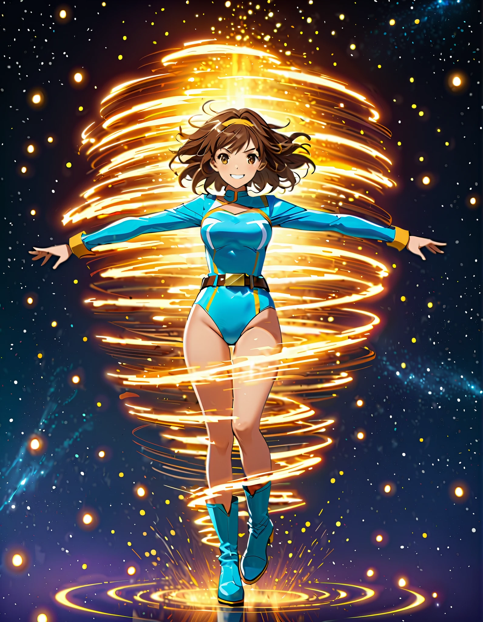 (masterpiece), (best quality), (high res), 1lady, tall body, finger proportions coordination, highly detailed, professional, beautiful detailed eyes, beautiful detailed face, perfect hands, complete fingers, perfect anatomy, perfect proportions, ((brown hair, medium hair, hair down)), ((green eyes)), ((leotard, (red leotard), matching leotard)), (bare legs), (boots, matching boots, knee-high boots, yellow boots), breasts, medium breasts, looking at viewer, solo, solo focus, cowboy shot, space backdrop, (((fastened tight belt))), (blue sleeves, yellow cuffs), ((yellow hawk/(symbol/)) on chest), full body costume design. standing straight, (fast spin, dynamic spin pose, spins fast in place like a tornado, whirls fast in place like a tornado, tornado whirling, spiral lines around her, speed lines around her, spinning energy pulse around her, storm winds around her, whirls into a tornado, (she whirls) at (super speeds)). curved sword slash. she super-spins, whirlwind, time travel, time warp. ((back view, rear view, from behind)).