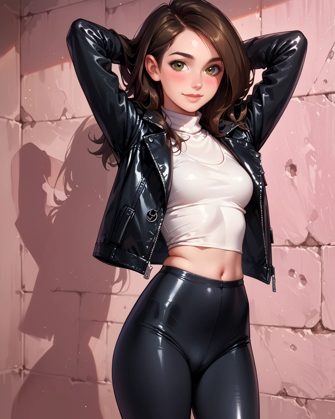 Swimsuit Leather Jacket Girl Top Quality Smile Masterpiece Long Hair Ponytail