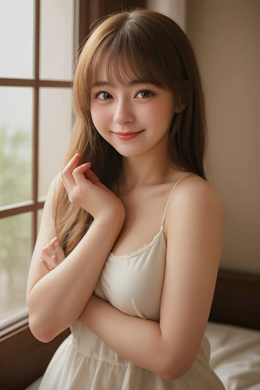 highest quality, masterpiece, ultra high resolution, (realistic:1.4), 20-year-old,1 girl,super high quality,8K,thin waist,thin legs,薄い and beautiful arms,beautiful fingers,((Super realistic image quality)),(no makeup),(light makeup),Medium chest,soft chest,(((Thin, short, tight camisole))、((low rise))),The camisole is short、 ,,beautiful breasts,((Shoulder-length ponytail)),,realistic,picture media chest)),((toothy smile)),((big smile))、bedroom、(Lie)