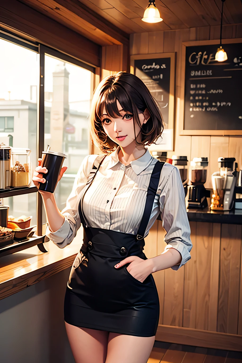 animation、HD、high resolution、Woman working in a coffee shop、miniskirt、early morning、soft light、Retro interior、 beige apron 、