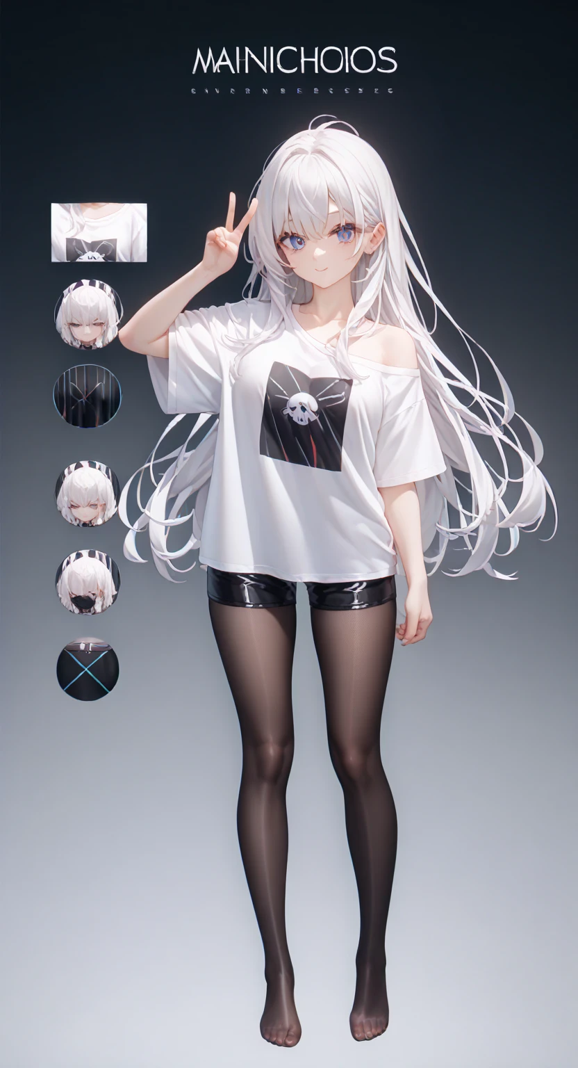 vtuber model, silver hair, grey hair, long hair, messy hair, straight hair, expressive hair, heart-shaped pupils, dilated pupils, embarrassed, blush, blue eyes, heart in eye, naughty, Conceptual art, modern, anime style, anime, reference sheet, multiple views, from behind, from below, from side, UHD, masterpiece, anatomically correct, super detail, textured skin, high details, high quality, best quality, highres, 8k, art concep, character design, teen