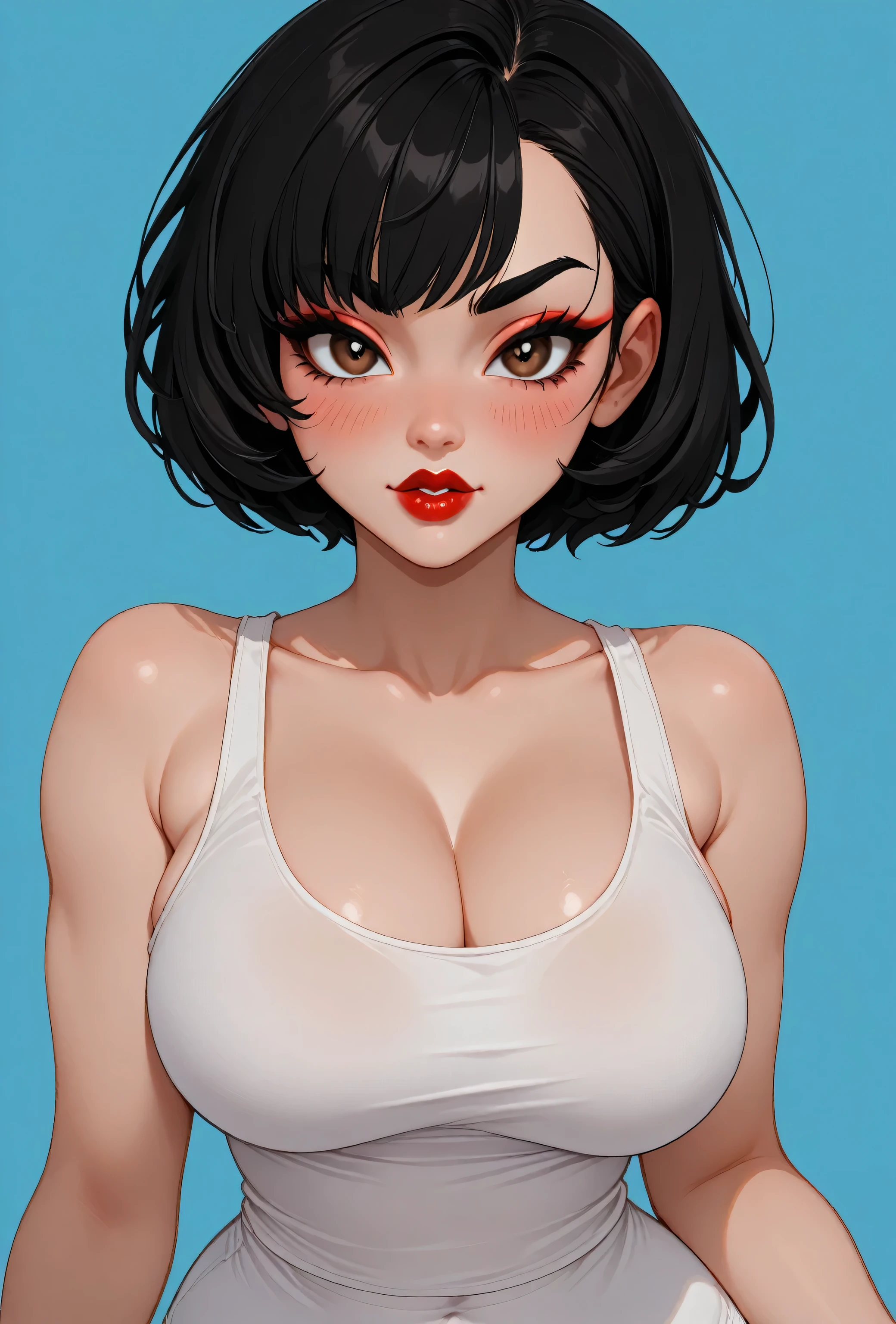 Amazing portrait of a sultry and stunning woman with a captivating gaze and flawless makeup she's your childhood best friend who had a glow up wearing a black tank top and black short shorts showcasing her alluring figure including her thick thighs and wide hips emanating a provocative aura