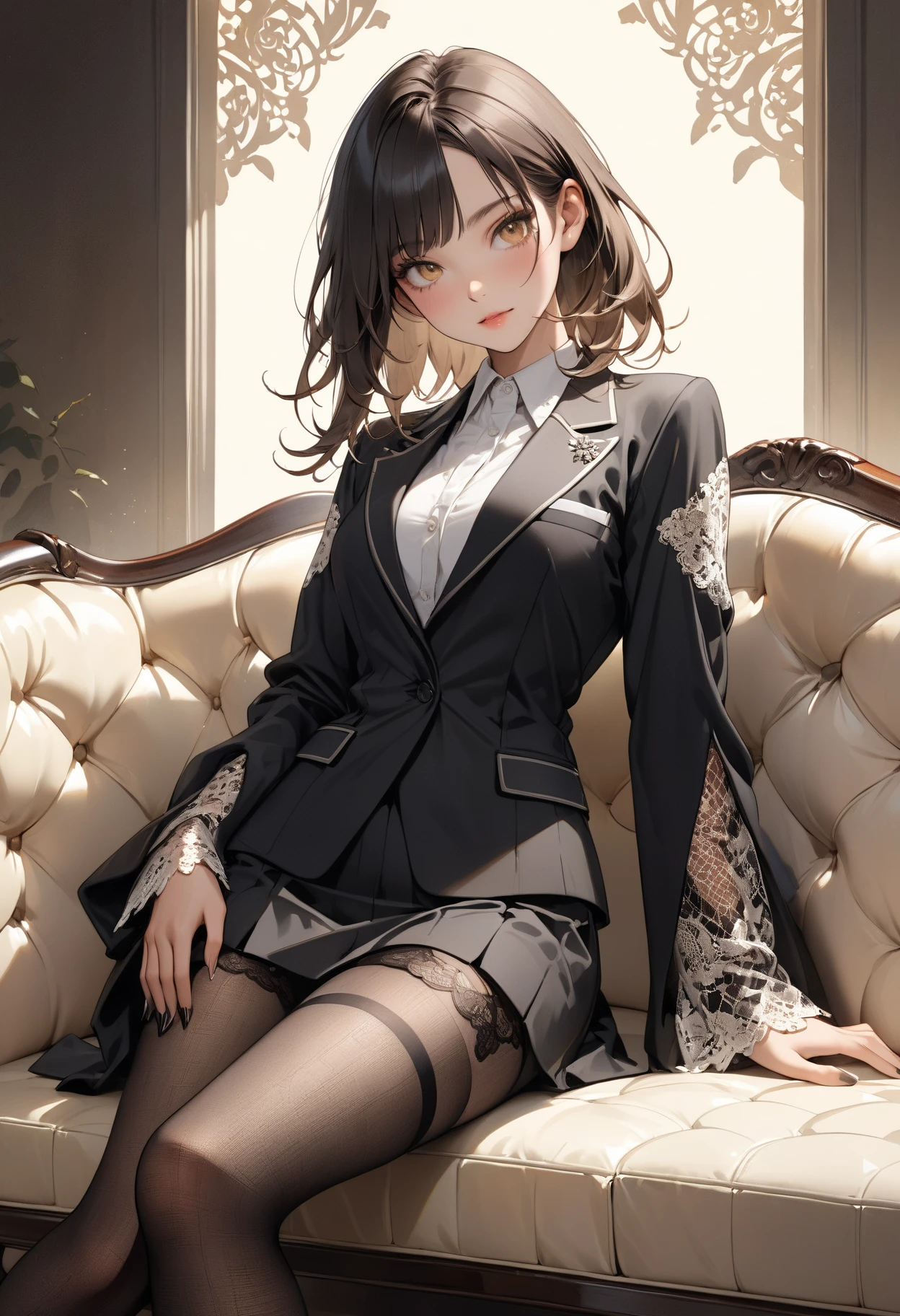 ((Masterpiece: 1.3)), ((Absolute Resolution: 1.2)), ((Superlative,: 1.4)), super detailed face, complex and detailed eyes, one girl, smooth nasal bridge, detailed mouth, polite and cute smiling expression, realistic bumps on human body, silky smooth hair texture, one girl, solo, buxom beautiful girl, High school girl, cute design blazer uniform, long sleeves, white blouse, pink breast cloth, cleavage, priss skirt, (shiny black pantyhose denier 25), white silk cloth visible through pantyhose, ribbon, beret, frills, lace, black hair in braids in one-length bob cut, years Cute design adornments commensurate with her age, showing her whole body (sitting pose with legs spread to either side and hips floating: 1. 3), innocent hand movements, (white skin: 1. 3), breasts filled with large amounts of fat swaying softly, cinematic lighting, perfect shading, ((cute nursery)), realistic lighting with shadows, from below Licking shot,