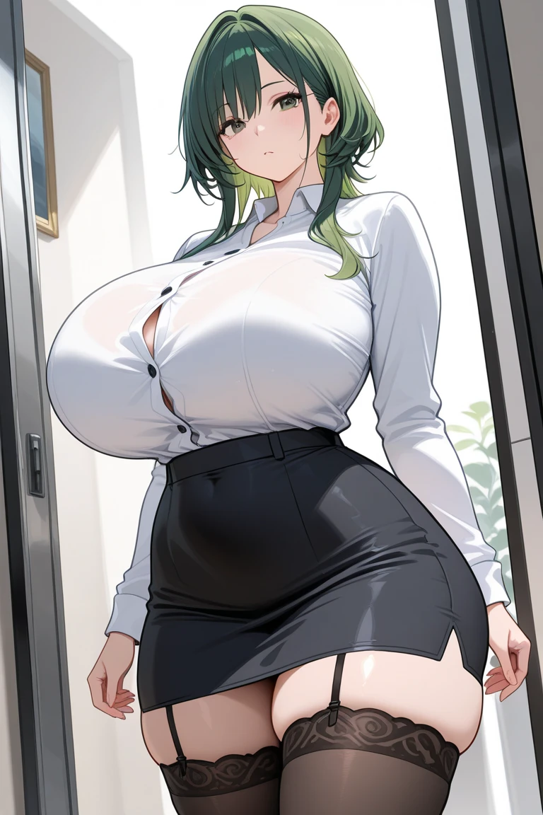 An anime-style artwork depicting Reze from the anime chainsaw man.
Tags: Reze, anime, detailed eyes, detailed lips, white shirt, collared shirt, sleeveless, ribbon, black miniskirt, cleavage, smiling expression, intense gaze, dynamic pose, indoor, palace, vibrant colors, digital art, high-resolution, professional quality, gigantic breasts, curvy, cowboy shot, (gigantic breasts: 1.4), (green eyes:1.1), (purplish blue hair)