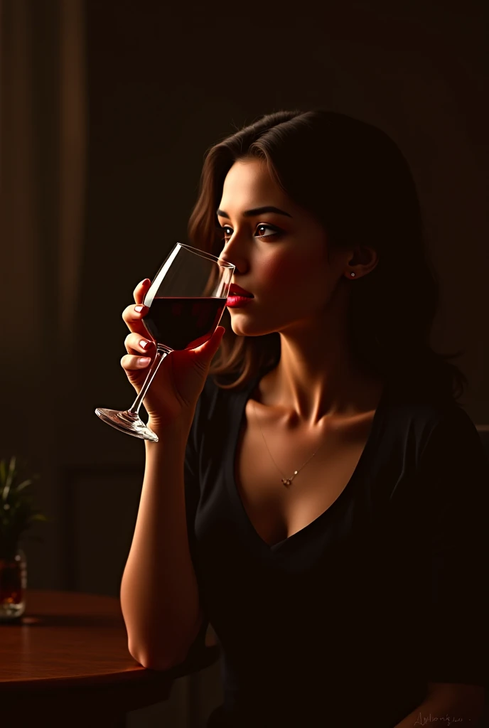 realistic image of"A woman in her 30s, with dark and straight hair, stands next to a fancy bar. She wears an elegant blouse and looks around thoughtfully., holding a glass of red wine. His eyes reflect a mixture of relaxation and slight curiosity.. Around it, The bar is decorated with modern details and warm lighting., with a vibrant atmosphere in the background."