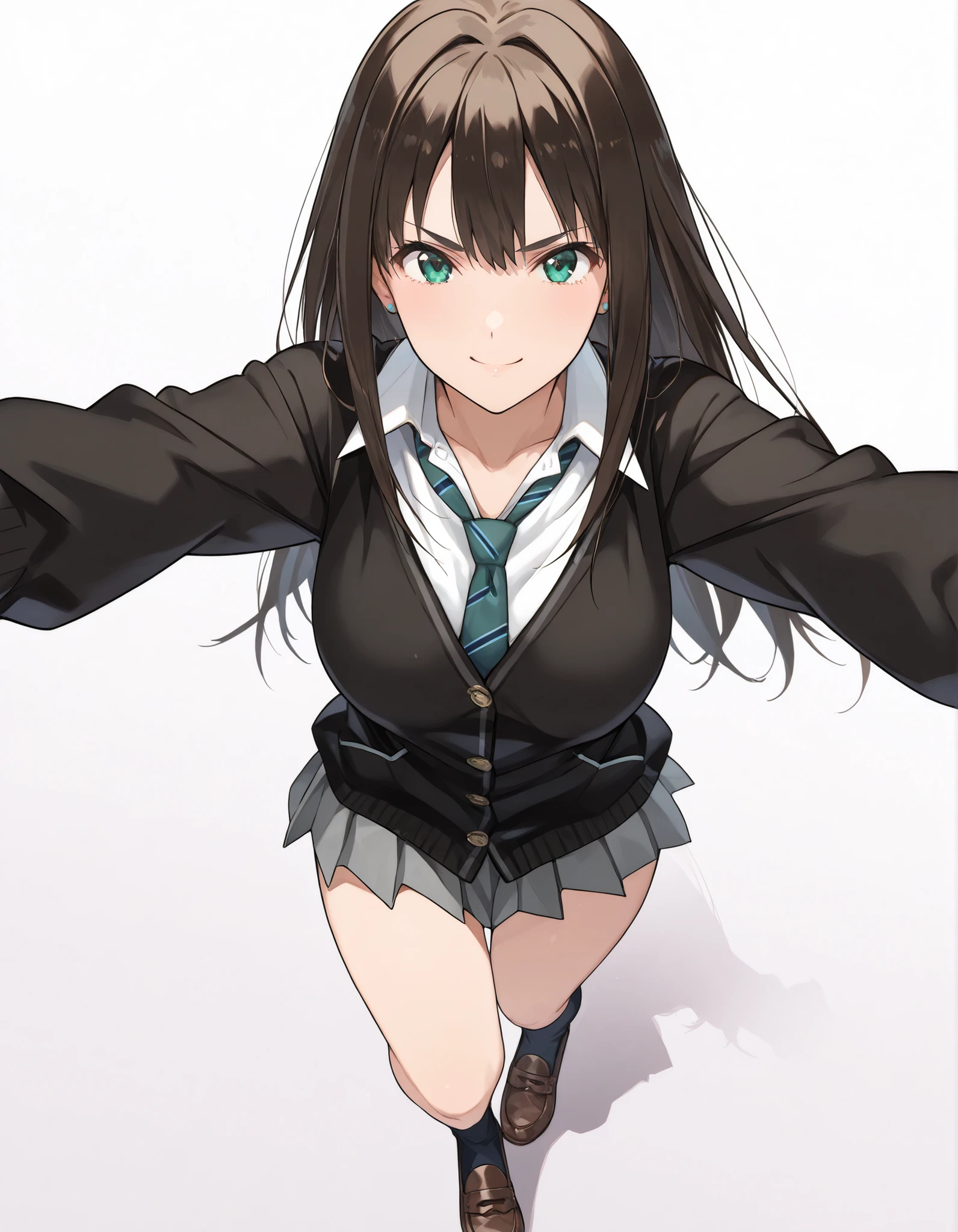 Shibuya Rin,solo, to close、 point your hands here、 hyperdetail face,Just a slightly angry expression, is facing here, black hair, long hair, white blouse, black cardigan, Green ribbon tie ,socks, loafers, standing,Bird's-eye view, kick a man in the crotch,raise one leg, 1 girl, , Clothed woman full face , A smile of sexual ecstasy, hair between eyebrows, Thick eyebrows, large 胸, (masterpiece),(top quality),(Ultra Details),(best illustration),(best shadows),(Absard dress),(detailed background),(so beautiful),The background is a school classroom、full body、flat color