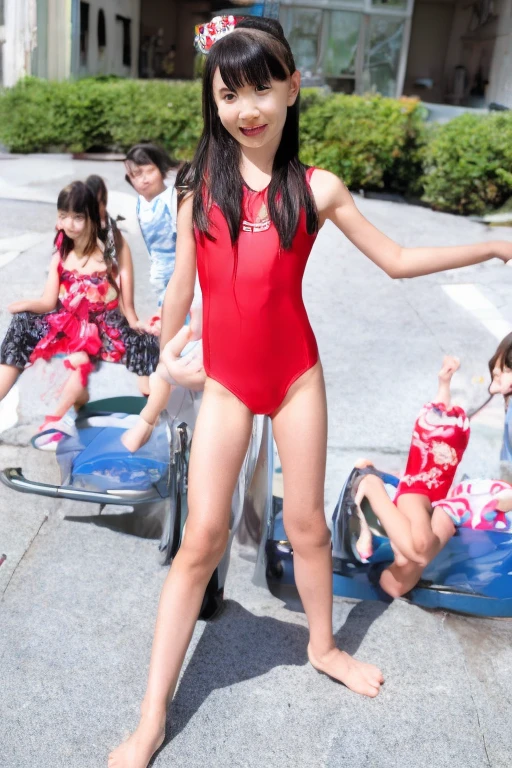 Indoor swimming pool on the 180th floor of the gate of Shanghai Tower，Sports Center，There were five little girls wearing openwork translucent stockings，Pouting and smiling，is shy，Pout，Pink, gold, White, Blue, Five colors, Two-tailed hair and cyan eyes，Anime little girl in servant costume