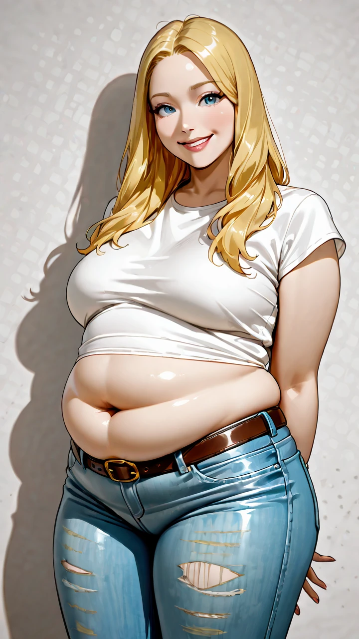 1 girl, blond long hair, flat belly, fit, a blue top, white leggins, grey wall background