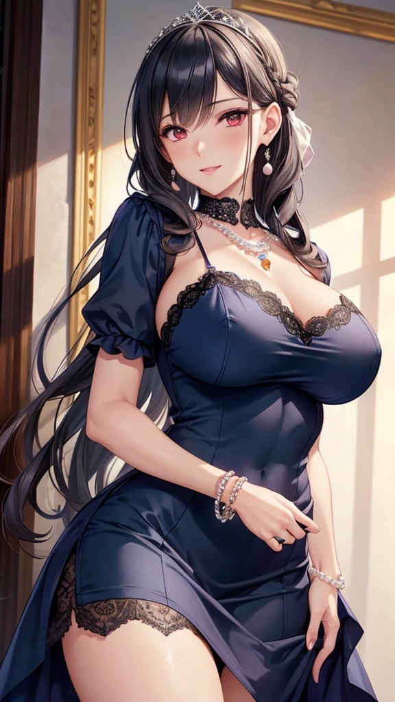 ((highest quality)), ((masterpiece)), (be familiar with), perfect face,1 cute girl,Evening dress dressed in black,Clothes details,There are intricate gold lines on clothes,pearl necklace,white skin,looking at the viewer,brown eyes,realistic,Are standing,smile,chest is low,huge tit